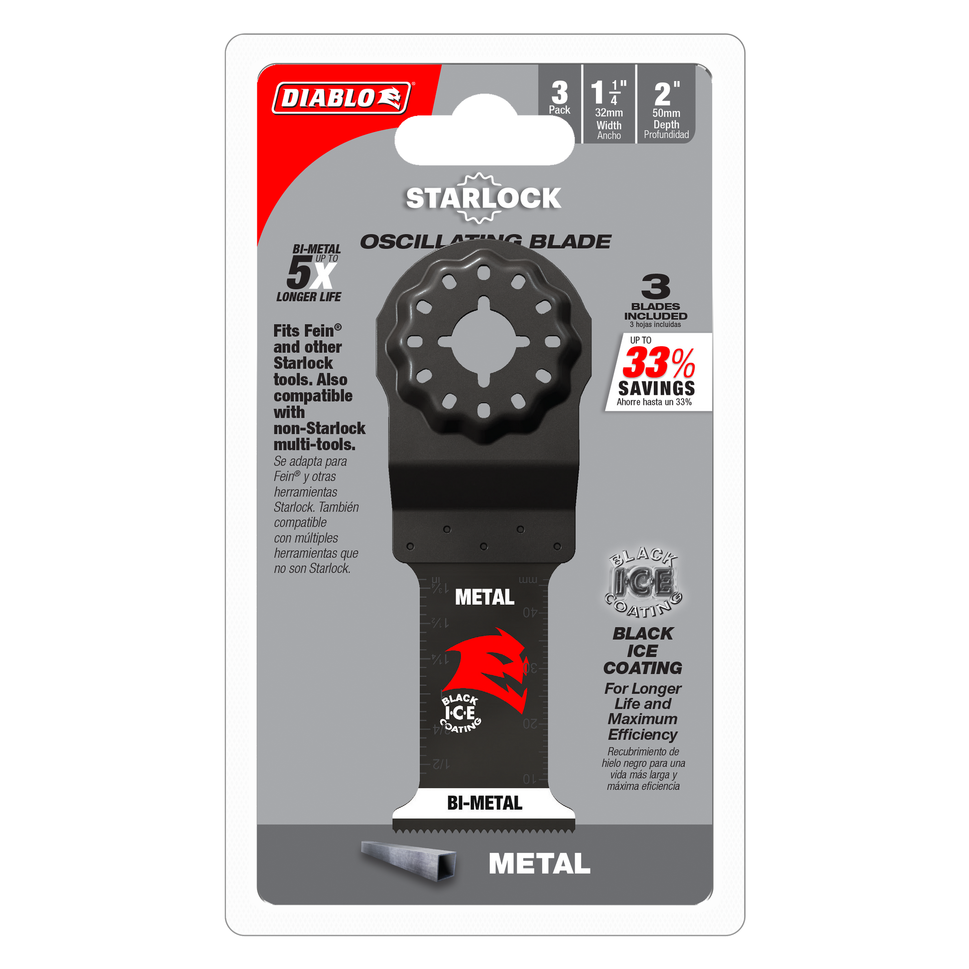 Three Diablo Starlock bi-metal oscillating blades with black ice coating for metal cutting, 1-1/4 inch width.