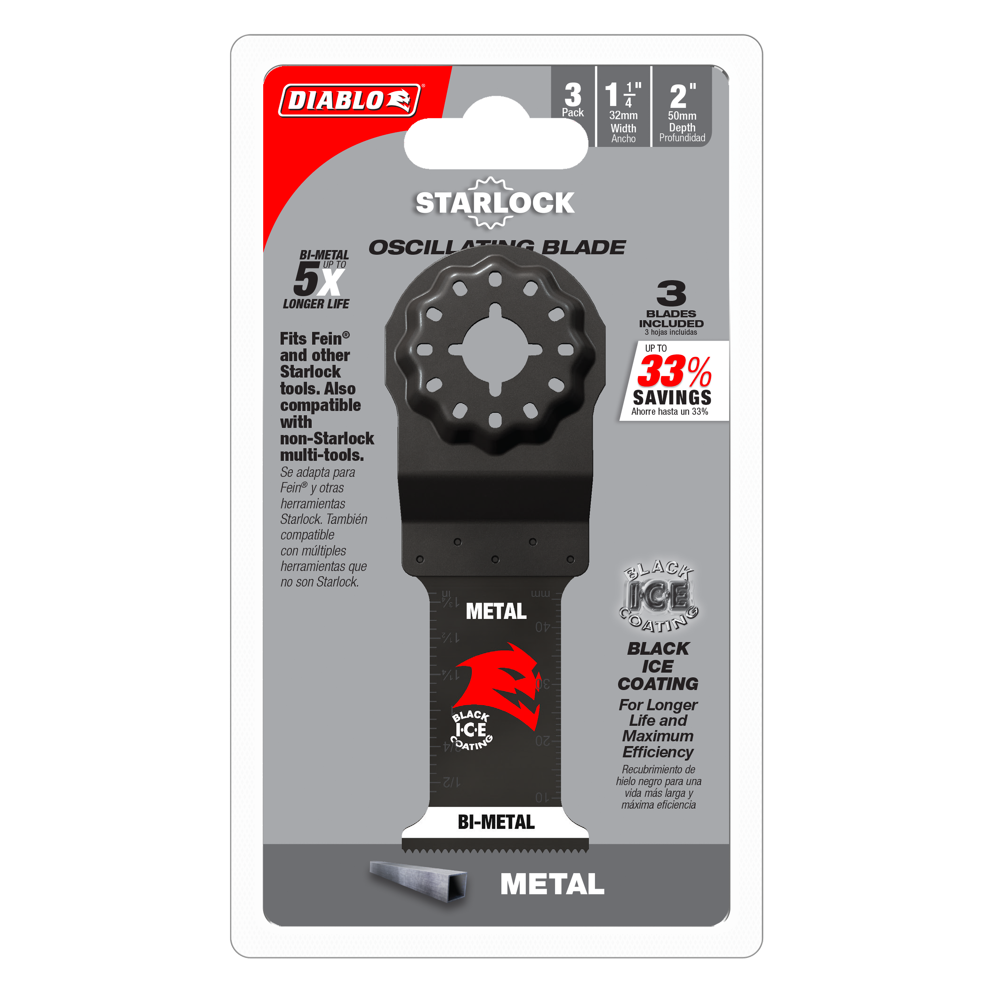 Three Diablo Starlock bi-metal oscillating blades with black ice coating for metal cutting, 1-1/4 inch width.