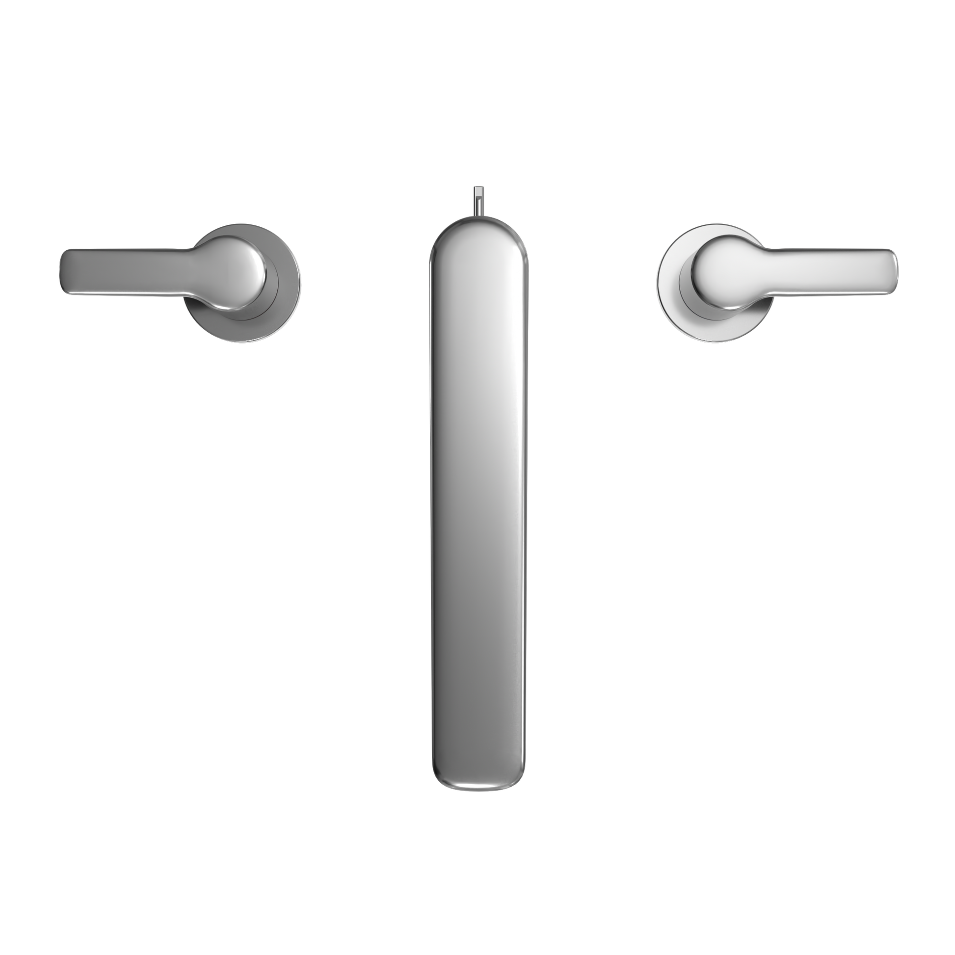 Polished chrome two-handle Roman tub filler trim with central spout and side lever handles.
