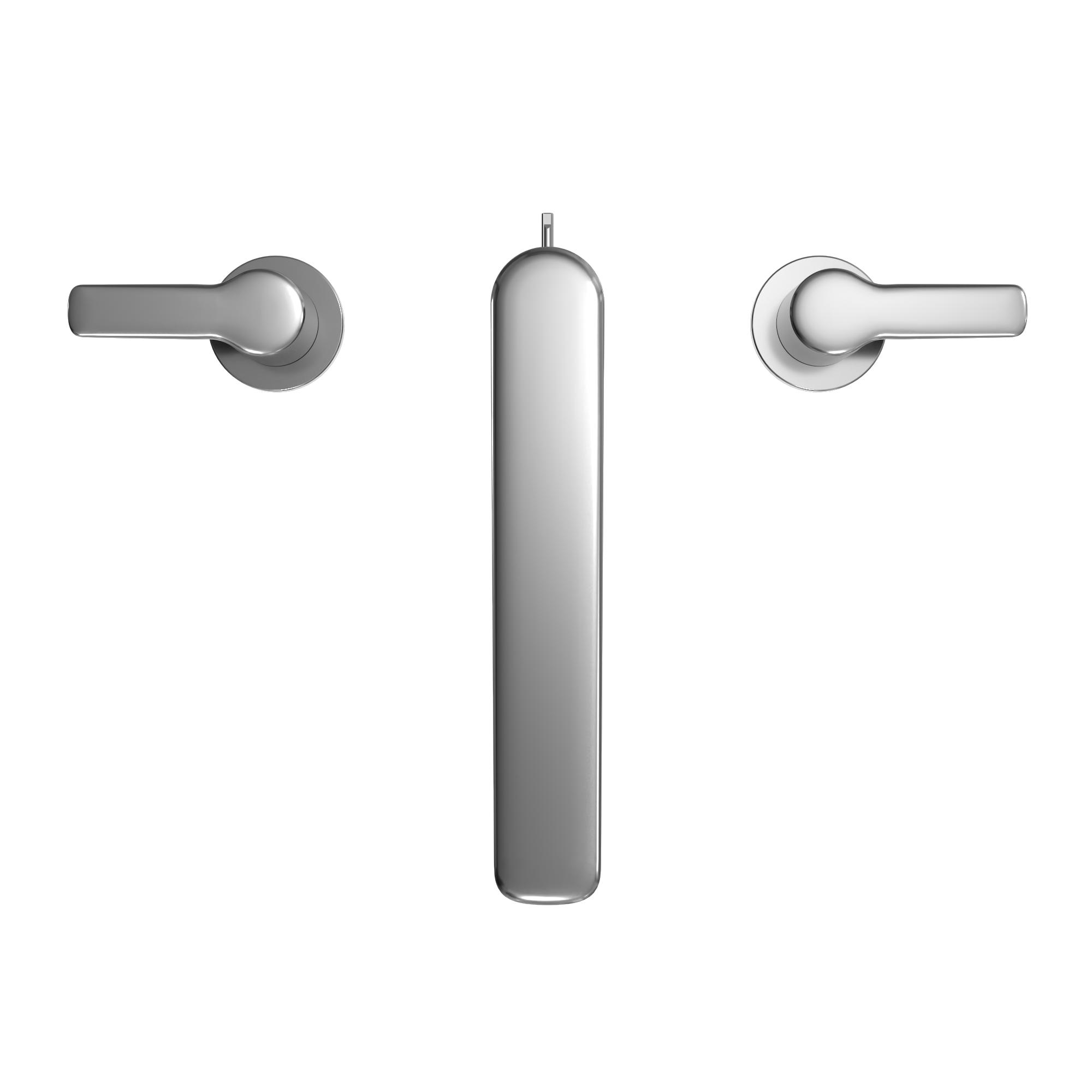 Polished chrome two-handle Roman tub filler trim with central spout and side lever handles.