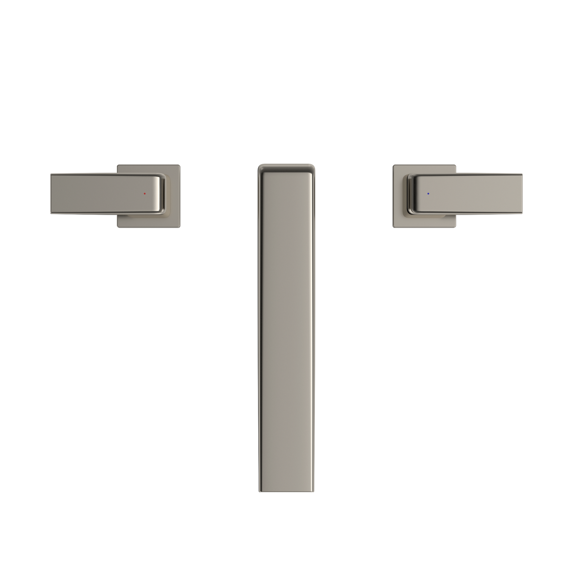 Polished nickel two-handle deck-mount roman tub filler trim with vertical spout and lever handles.