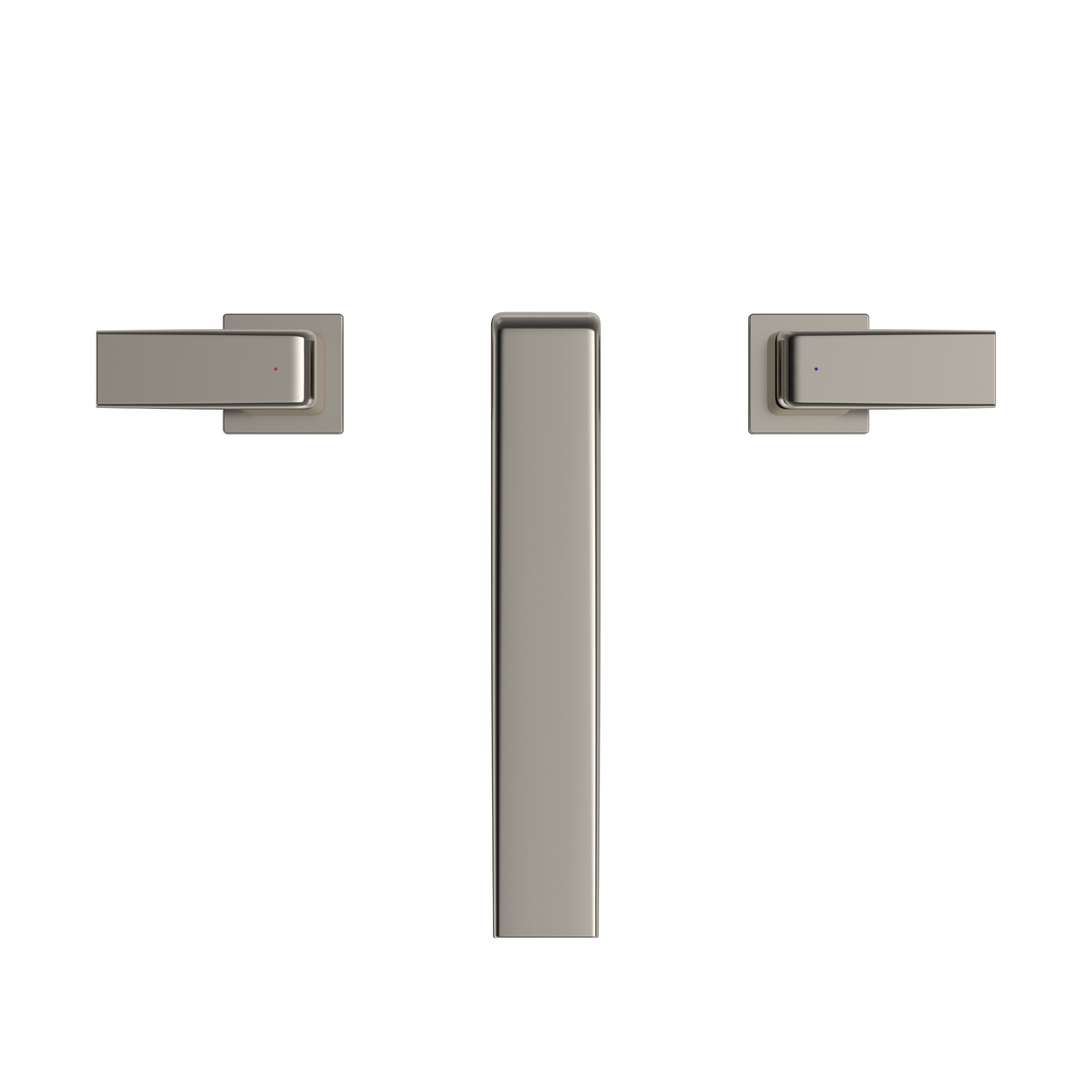 Polished nickel two-handle deck-mount roman tub filler trim with vertical spout and lever handles.