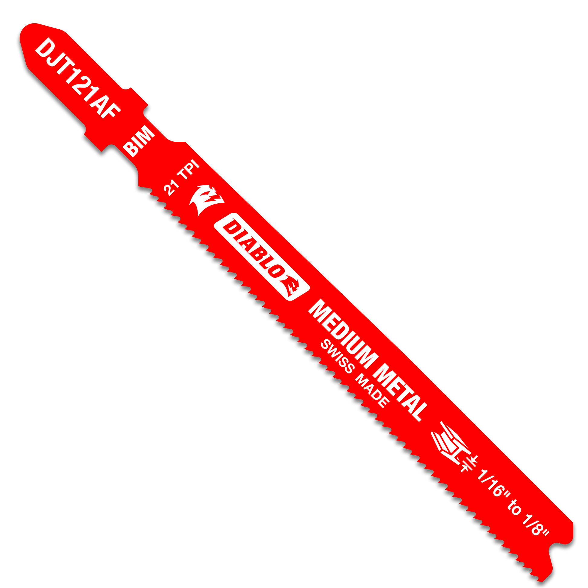 Red bi-metal T-shank jig saw blade with 21 TPI teeth for medium metal cutting.