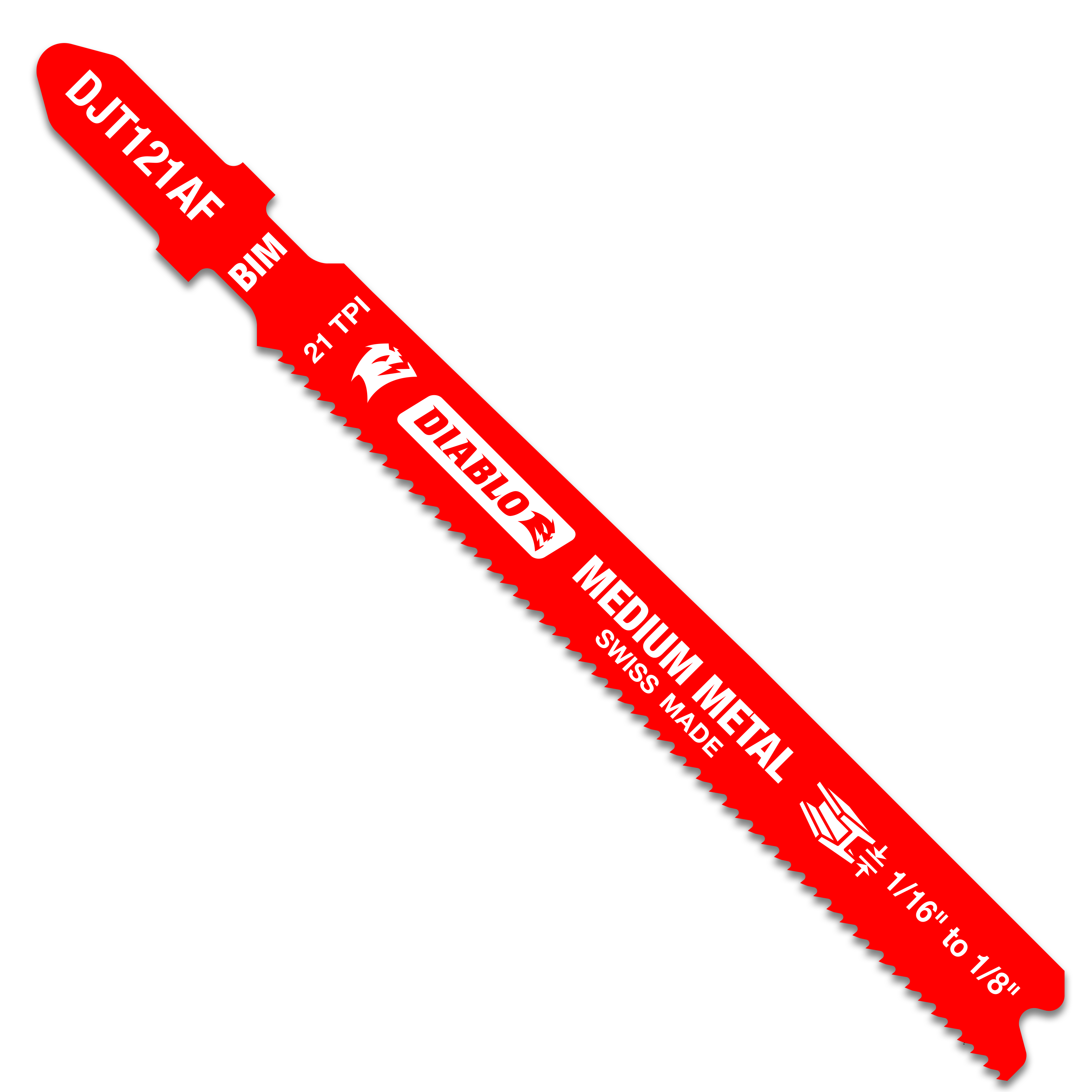 Red bi-metal T-shank jig saw blade with 21 TPI teeth for medium metal cutting.