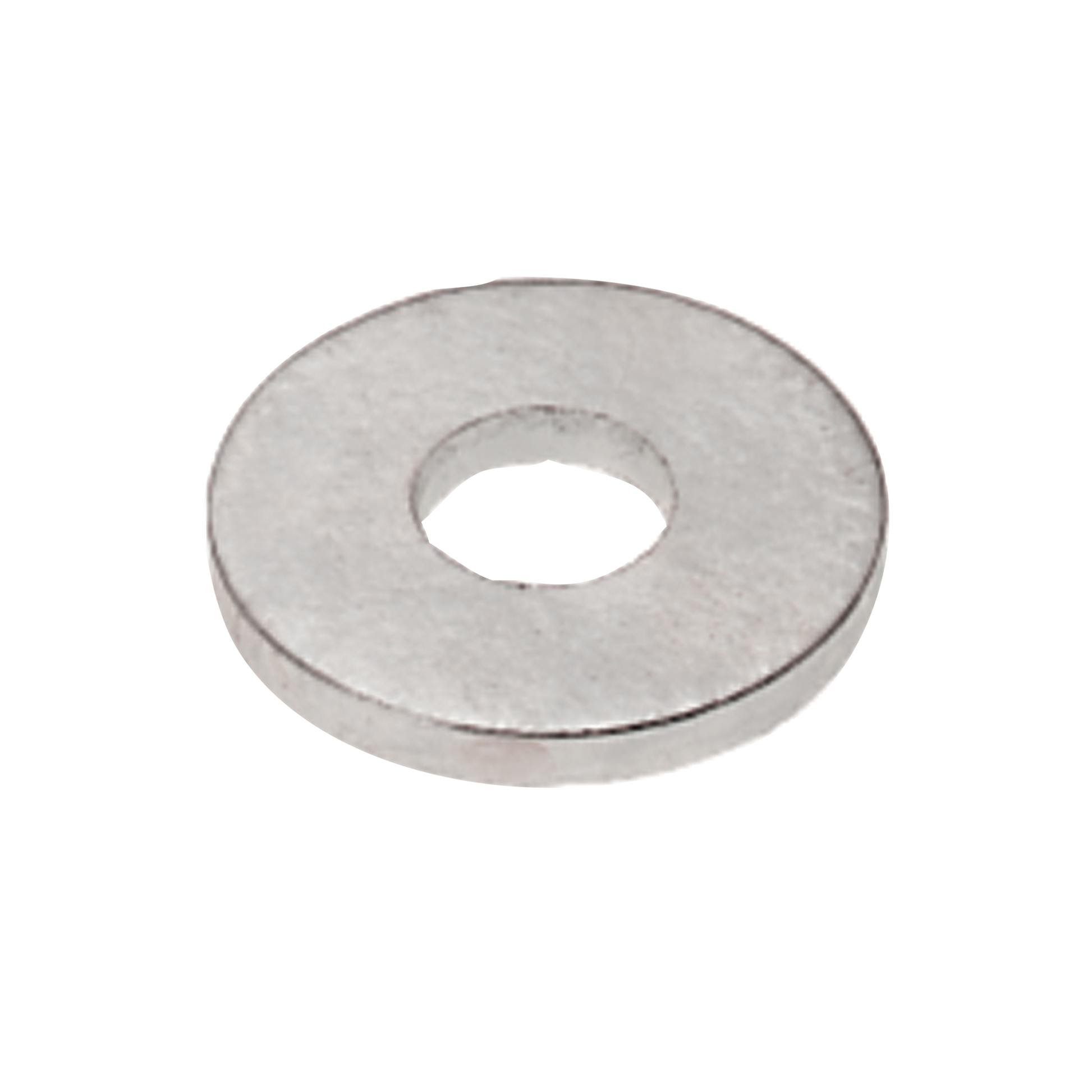 Flat metal washer with centered hole and circular shape.