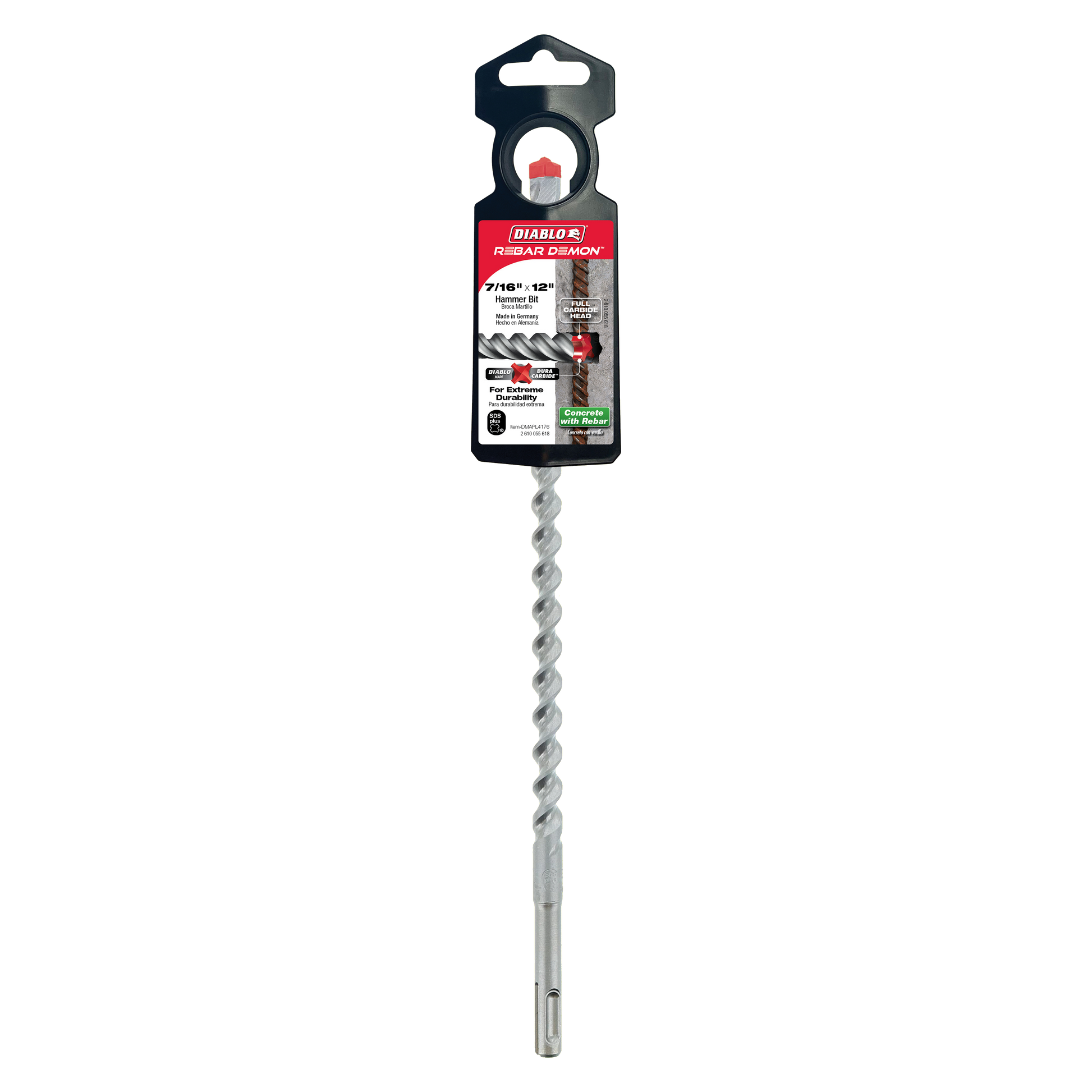 Diablo Rebar Demon SDS-Plus hammer drill bit with spiral flutes and carbide head on black packaging card.