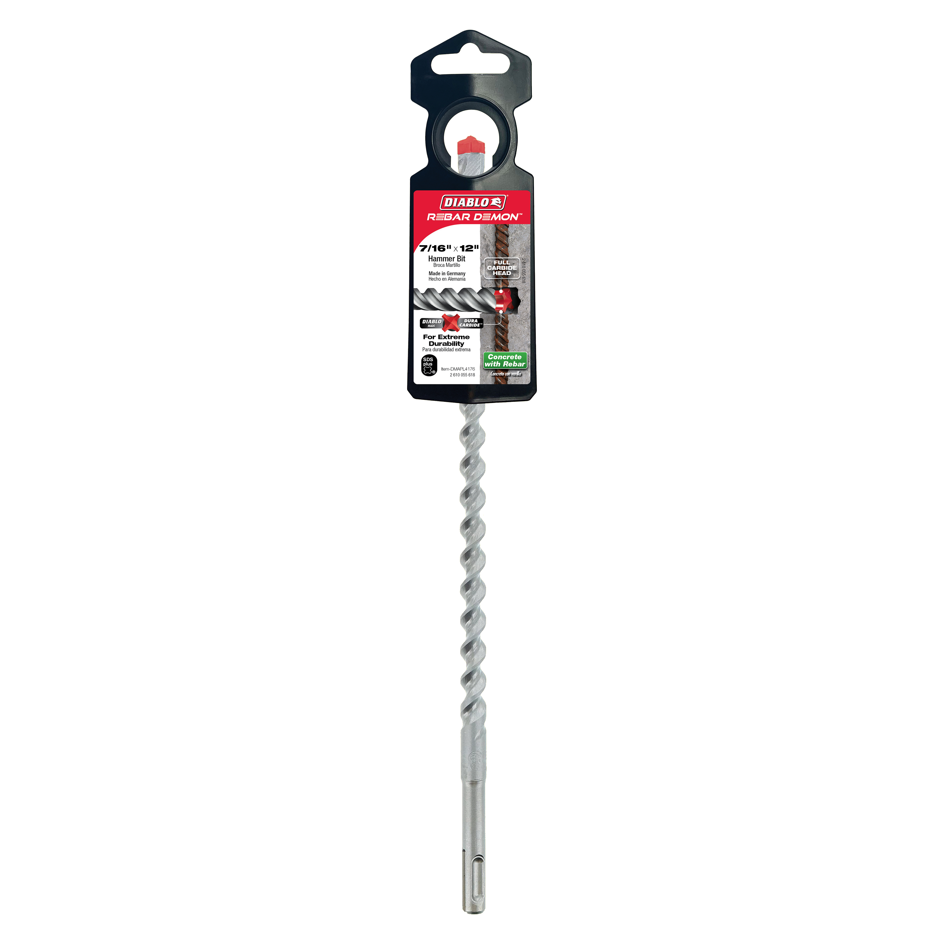 Diablo Rebar Demon SDS-Plus hammer drill bit with spiral flutes and carbide head on black packaging card.