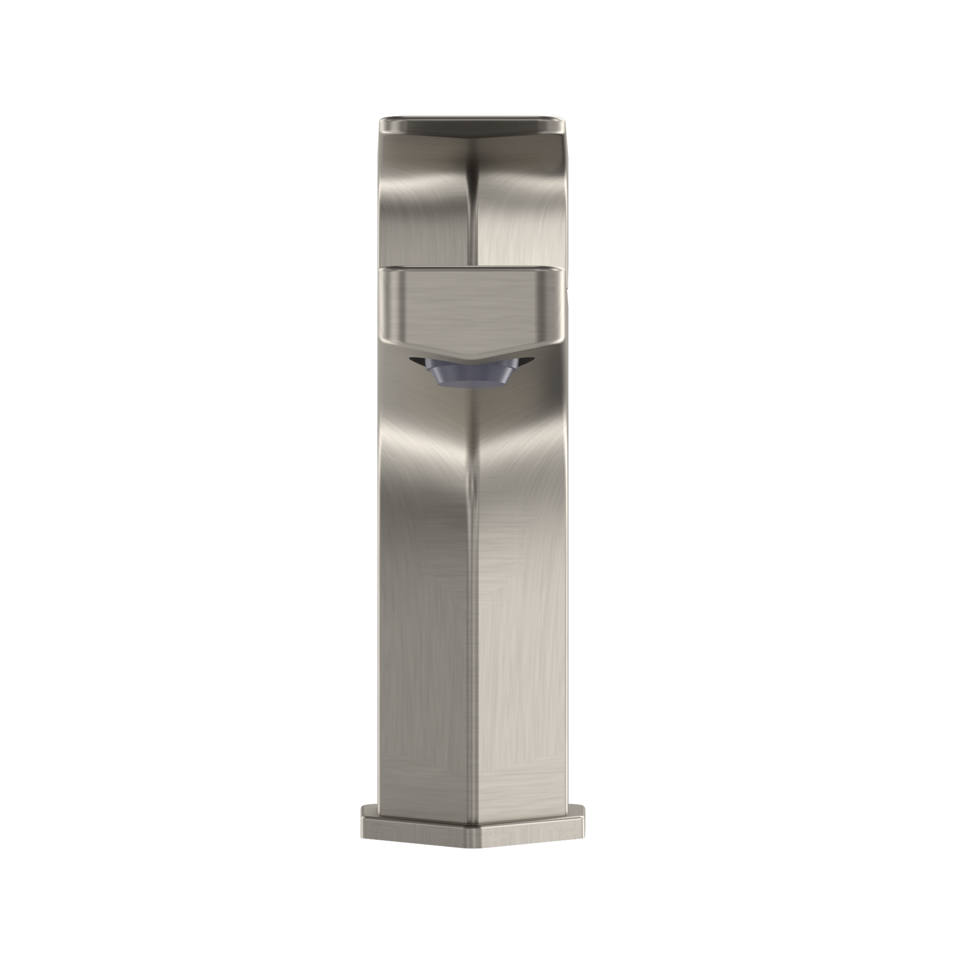Brushed nickel single-handle bathroom sink faucet with tall rectangular body and curved spout.