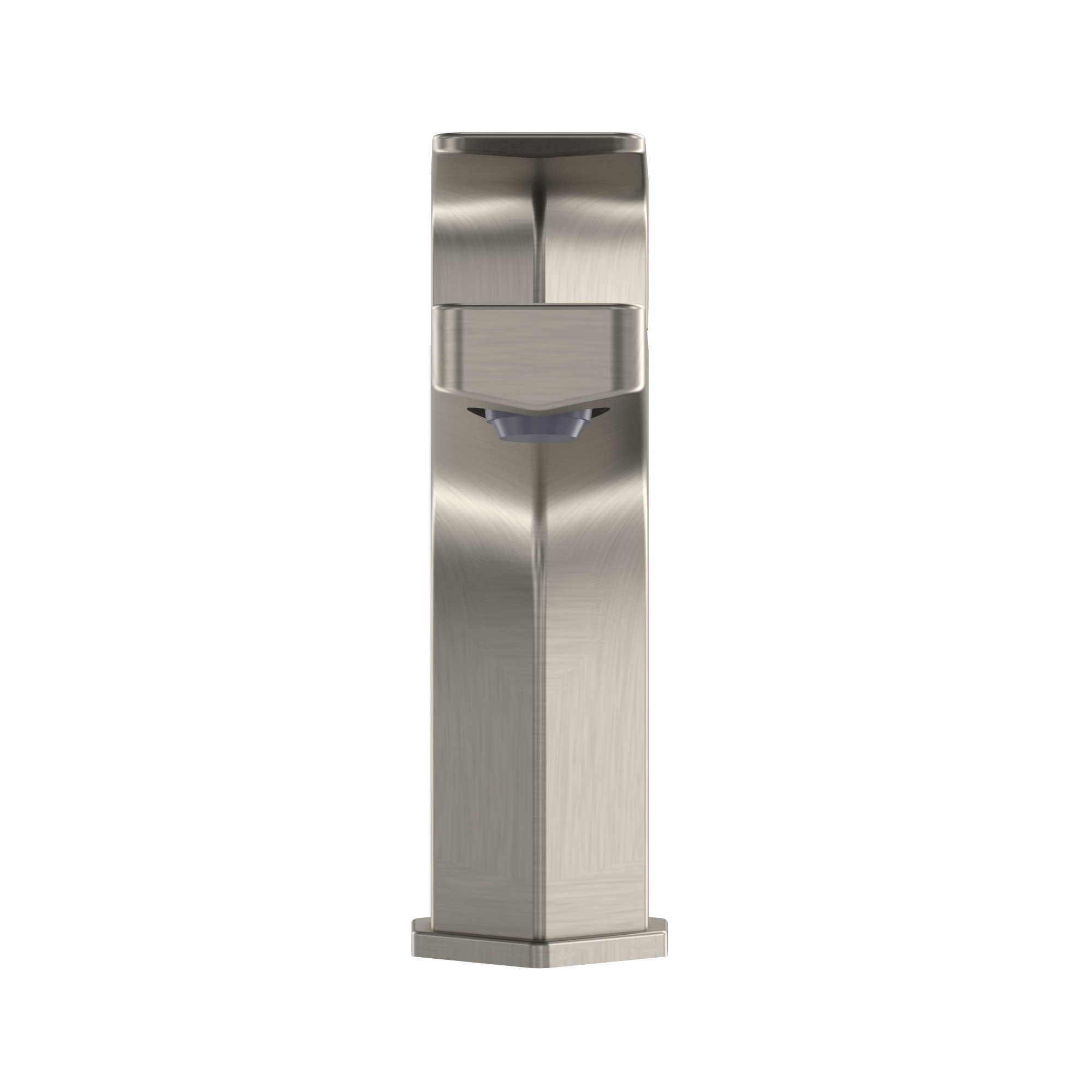 Brushed nickel single-handle bathroom sink faucet with tall rectangular body and curved spout.