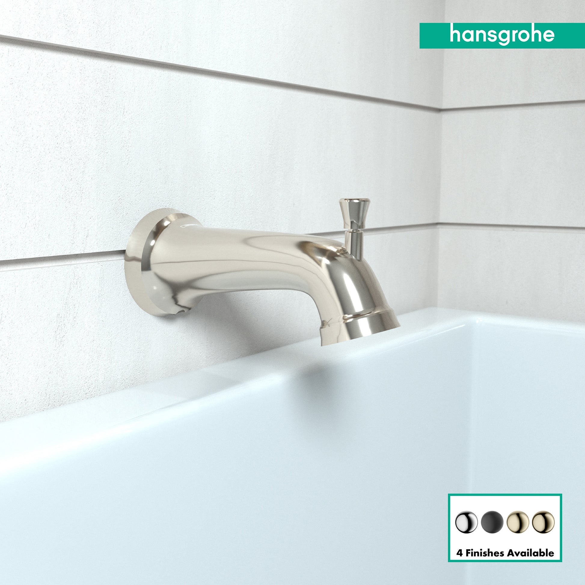 Polished nickel tub spout with diverter mounted on white tile wall above bathtub.