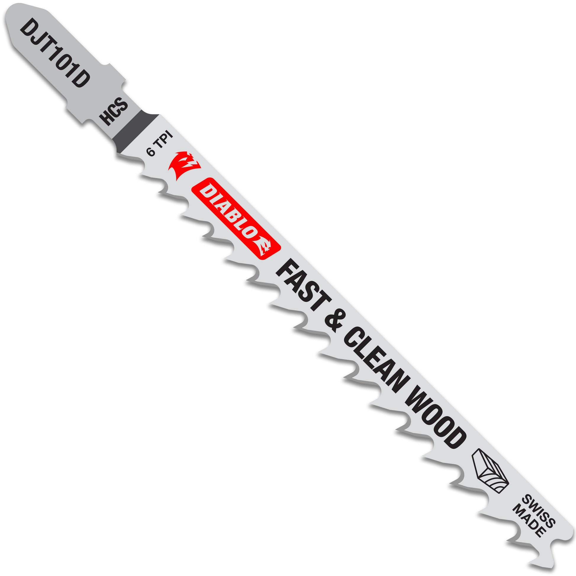 Diablo high carbon steel T-shank jig saw blade with 6 TPI teeth and red Diablo branding on gray shaft.