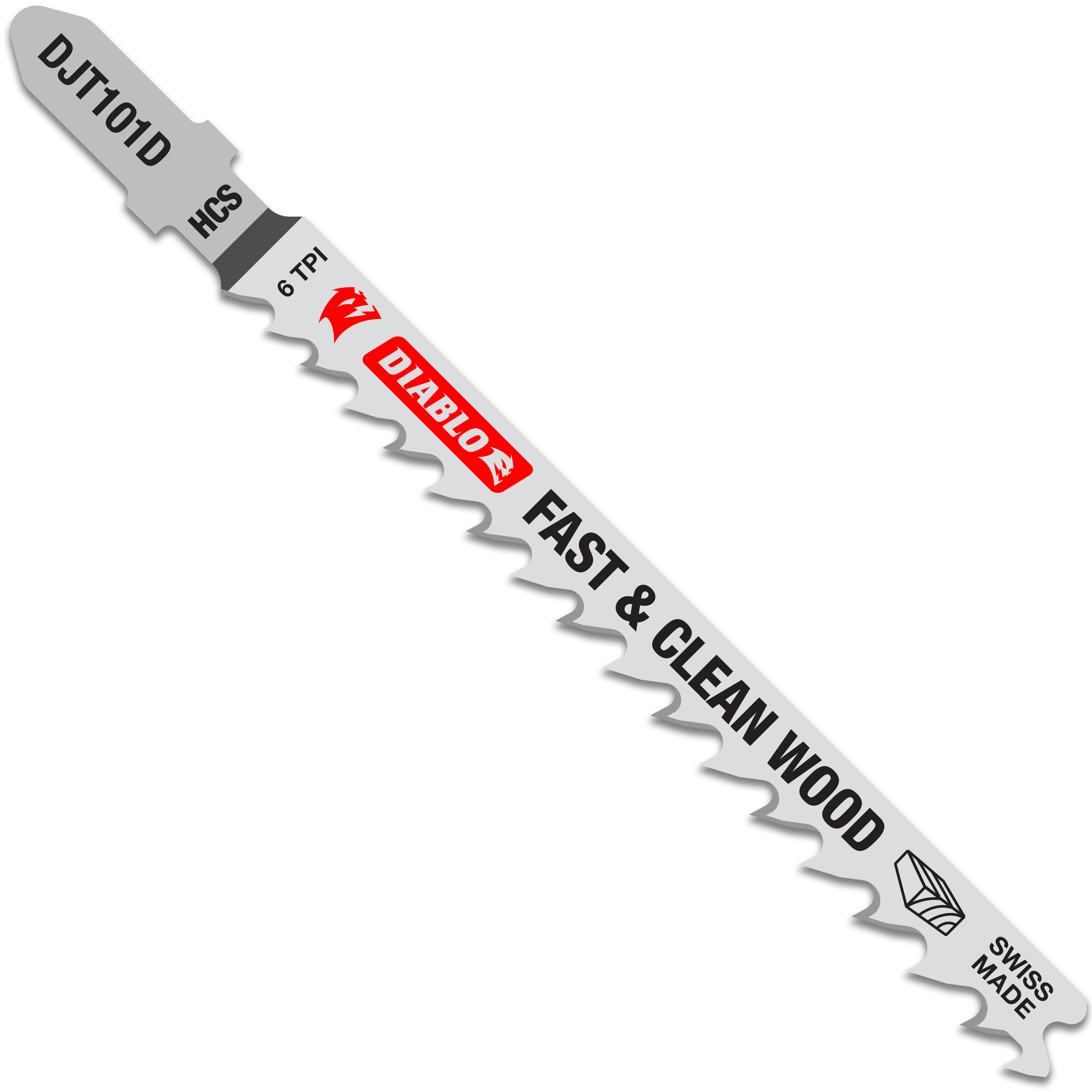 Diablo high carbon steel T-shank jig saw blade with 6 TPI teeth and red Diablo branding on gray shaft.