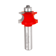 Silver router bit with red curved cutting head and ball bearing on top.