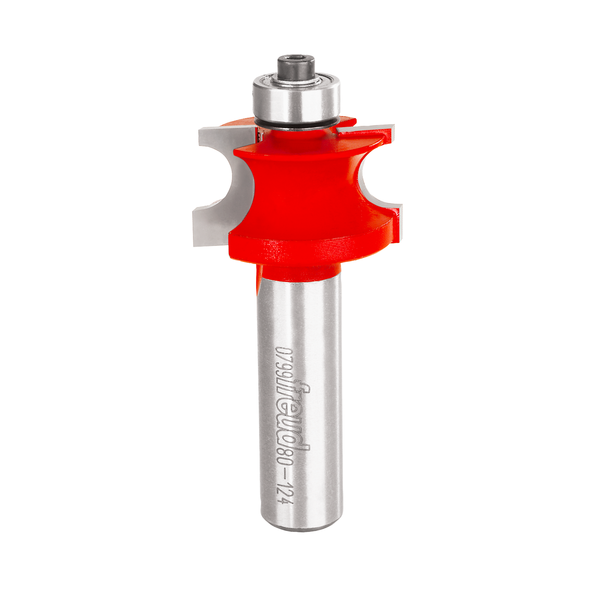 Silver router bit with red curved cutting head and ball bearing on top.