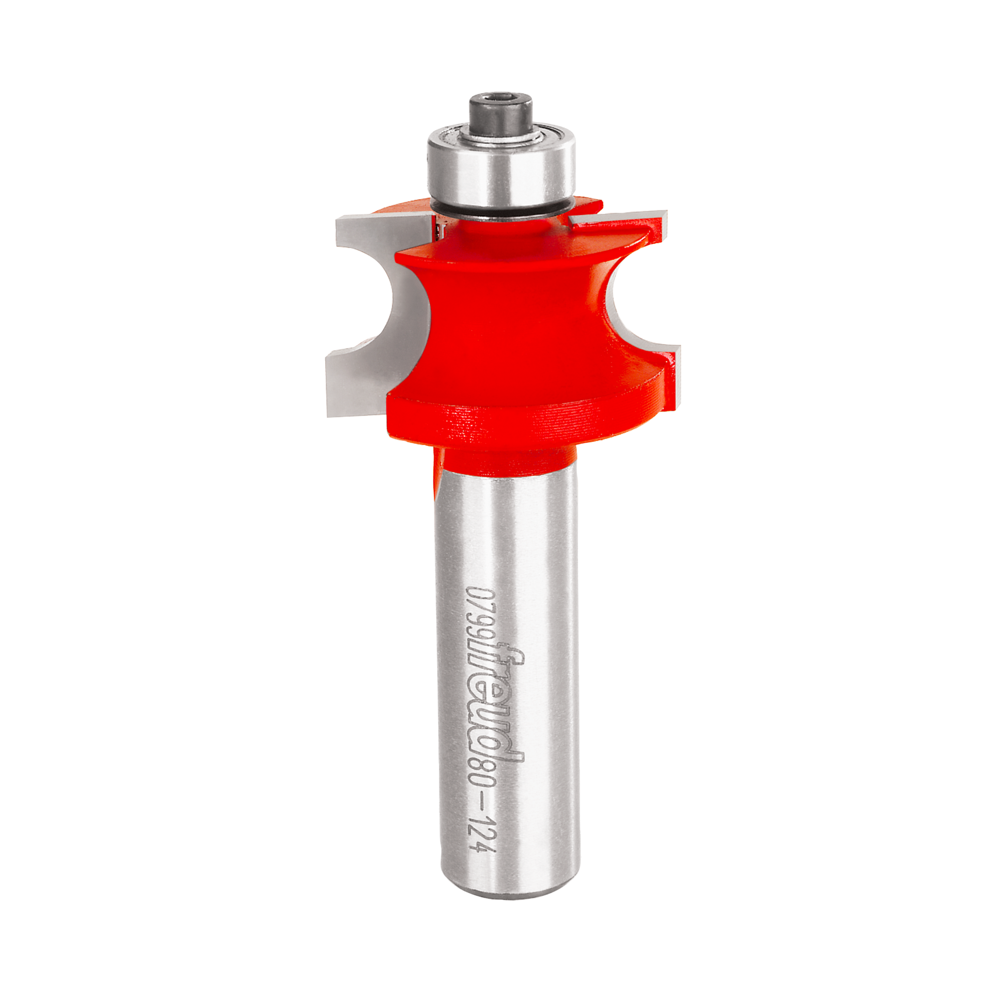 Silver router bit with red curved cutting head and ball bearing on top.