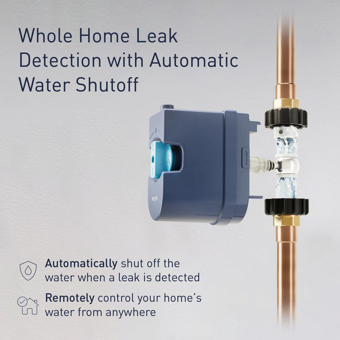 Dark blue water monitoring device with brass valve connector and black adjustment knobs mounted on copper pipe.