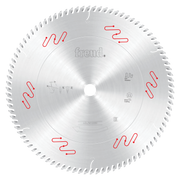 Silver circular saw blade with fine teeth around edge, Freud branding in center, and red wavy line markings around face.