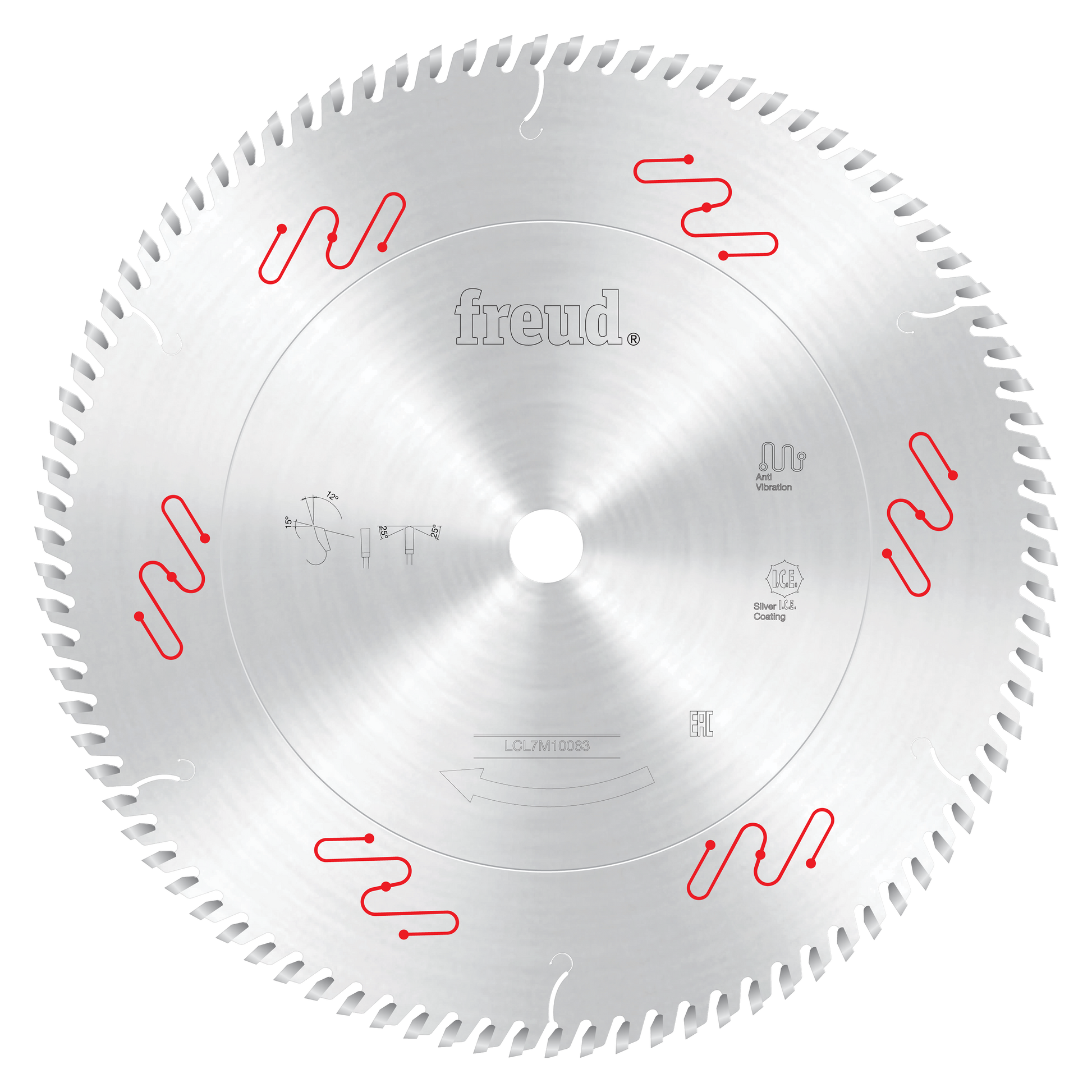 Silver circular saw blade with fine teeth around edge, Freud branding in center, and red wavy line markings around face.