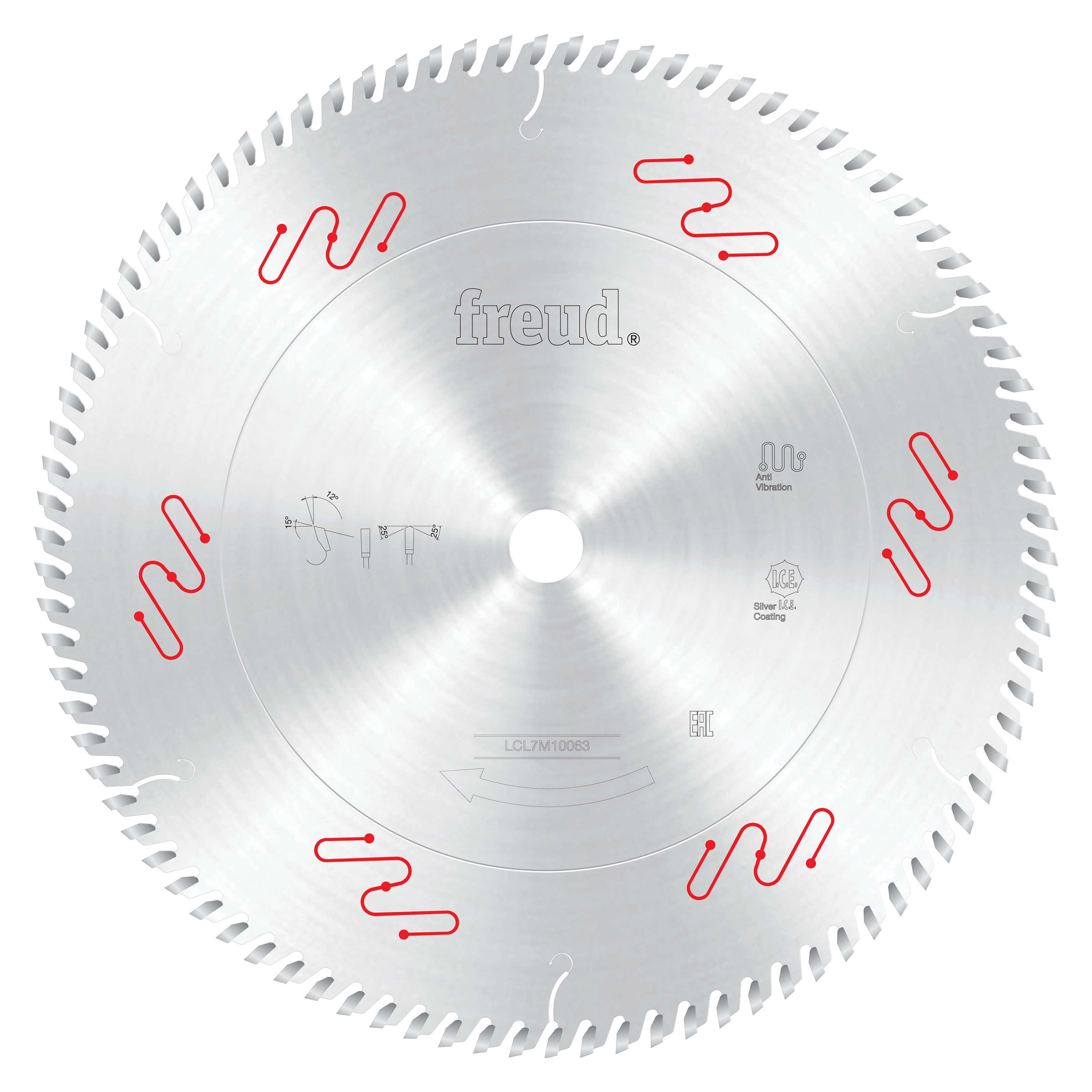 Silver circular saw blade with fine teeth around edge, Freud branding in center, and red wavy line markings around face.