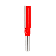 Red and silver router bit with straight cutting head and cylindrical shank.