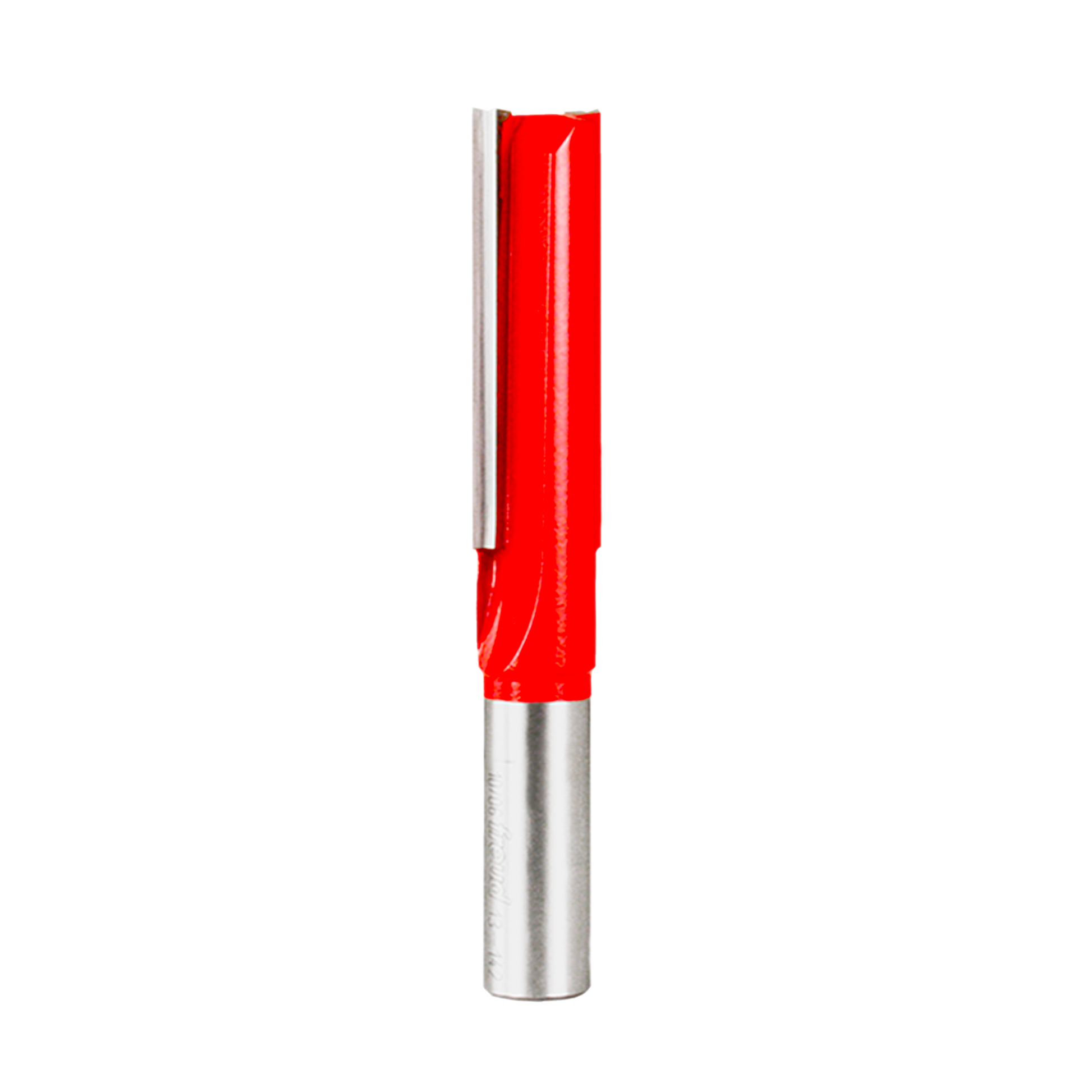 Red and silver router bit with straight cutting head and cylindrical shank.