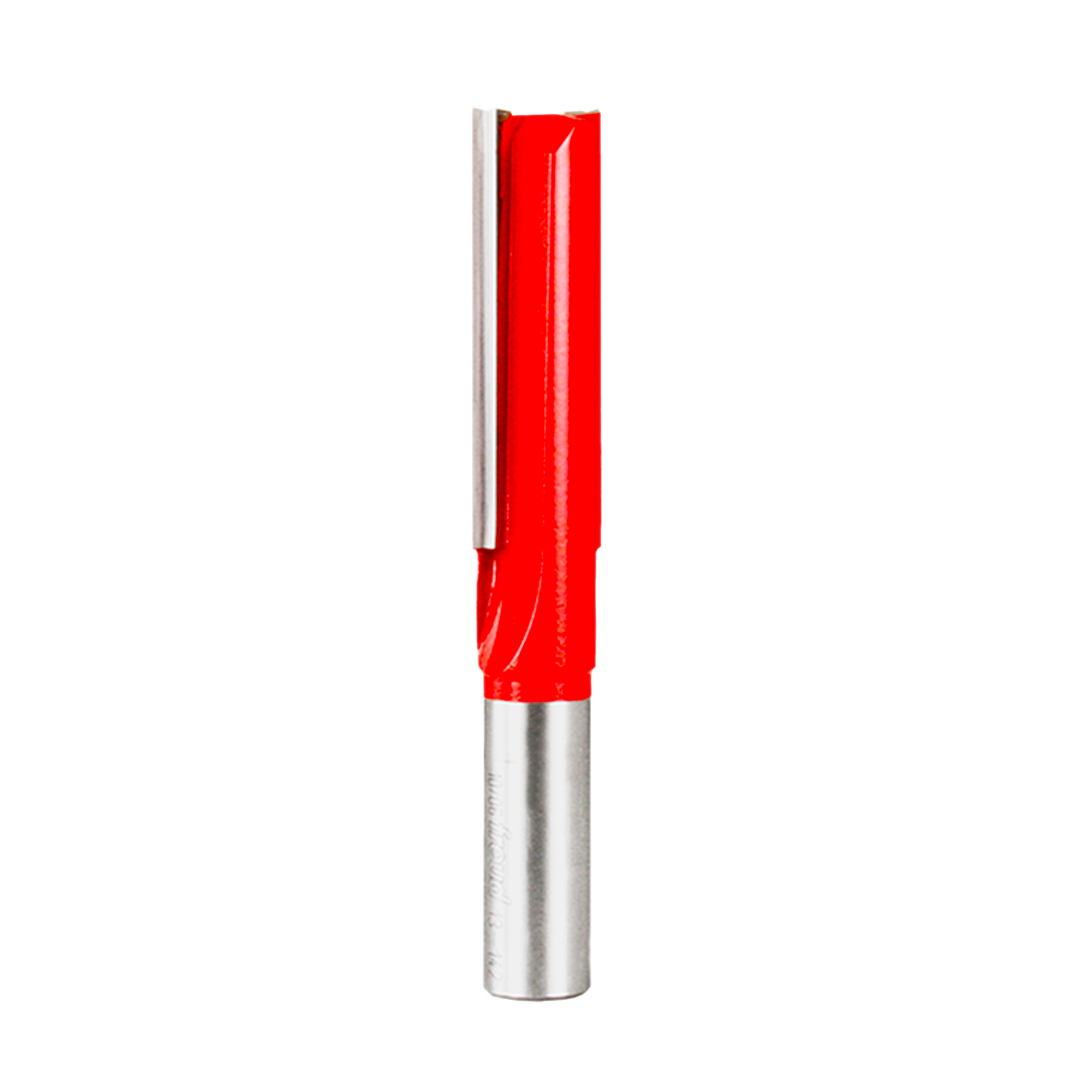 Red and silver router bit with straight cutting head and cylindrical shank.