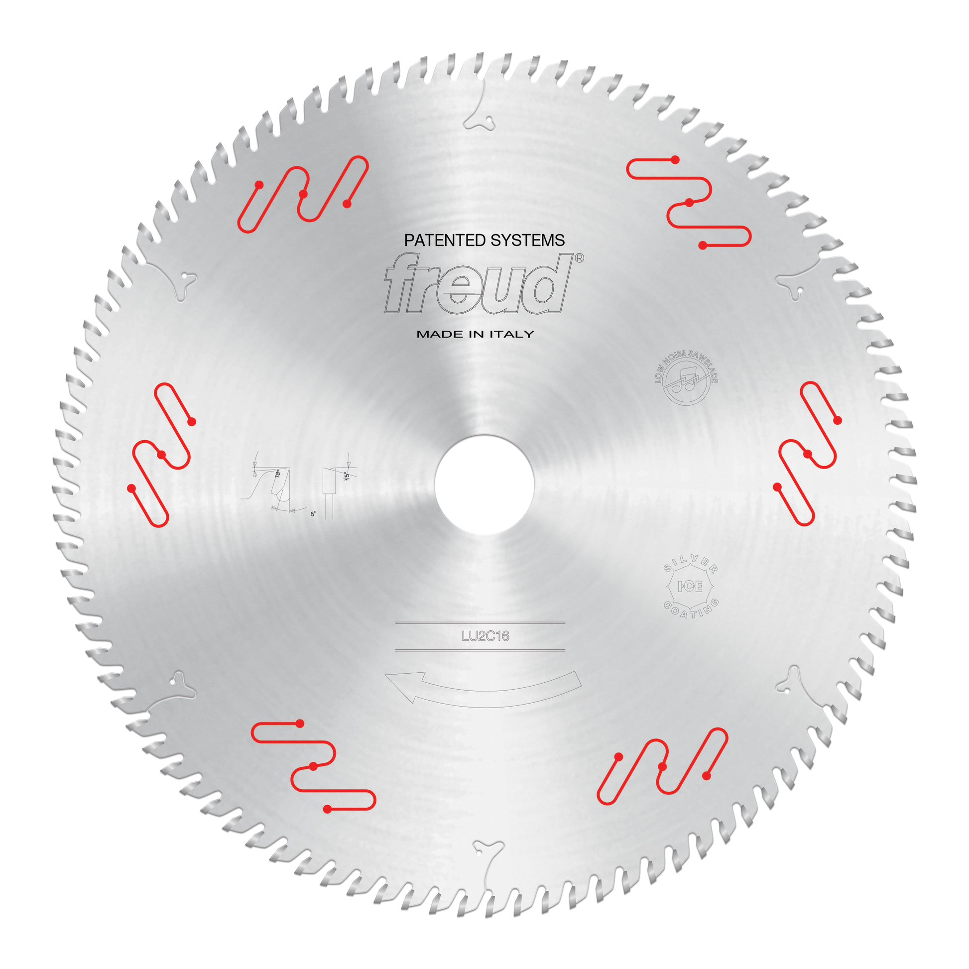 Circular saw blade with carbide-tipped teeth, central arbor hole, and red patented system markings on silver metal surface.