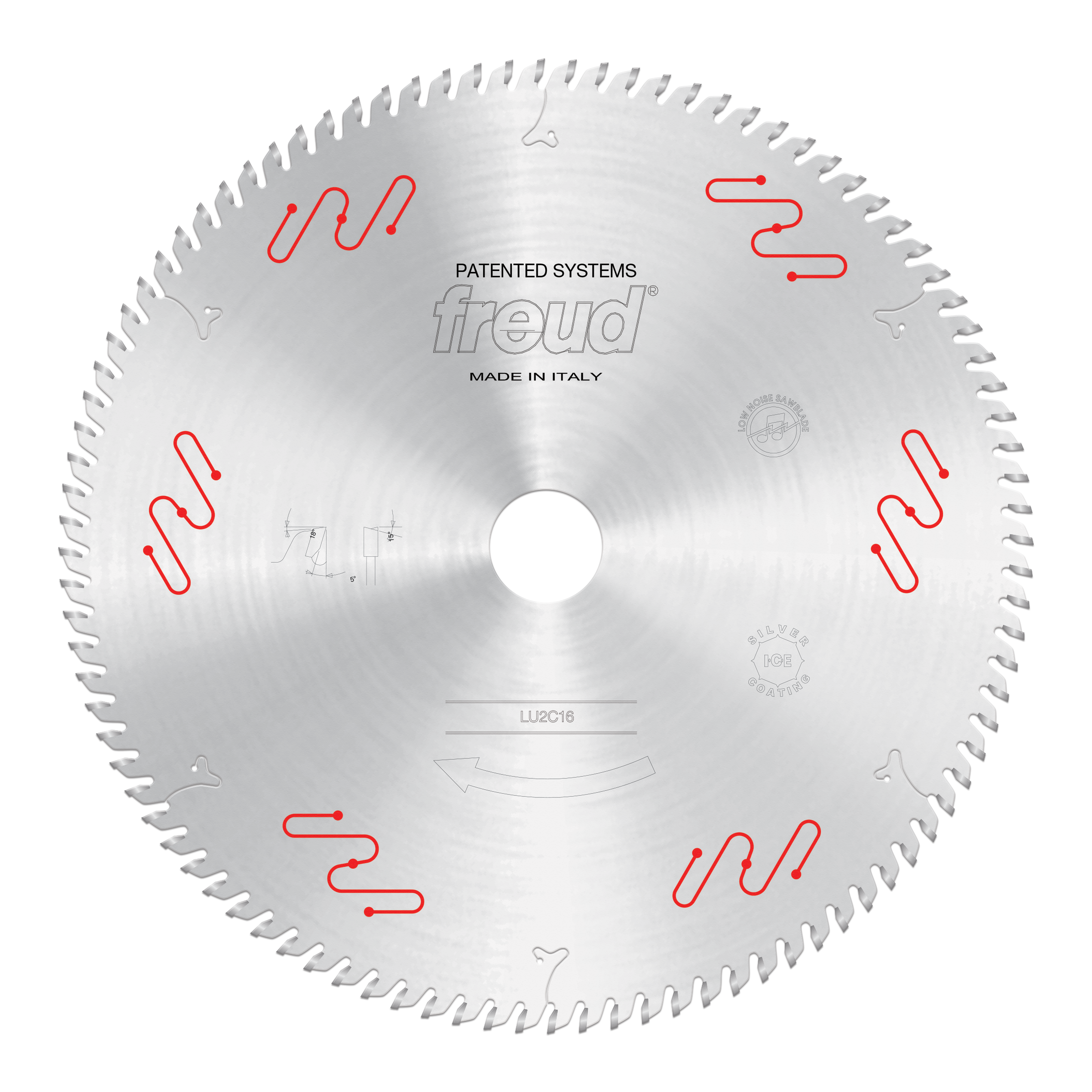 Circular saw blade with carbide-tipped teeth, central arbor hole, and red patented system markings on silver metal surface.