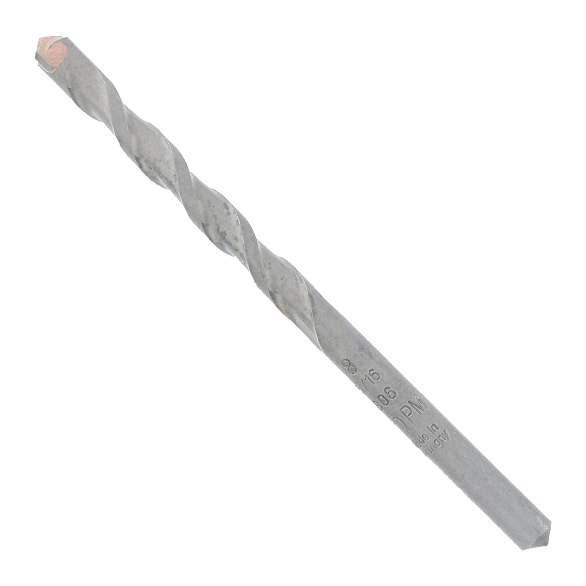 Gray metal pilot bit with twisted flute design and copper-colored tip on square shaft.