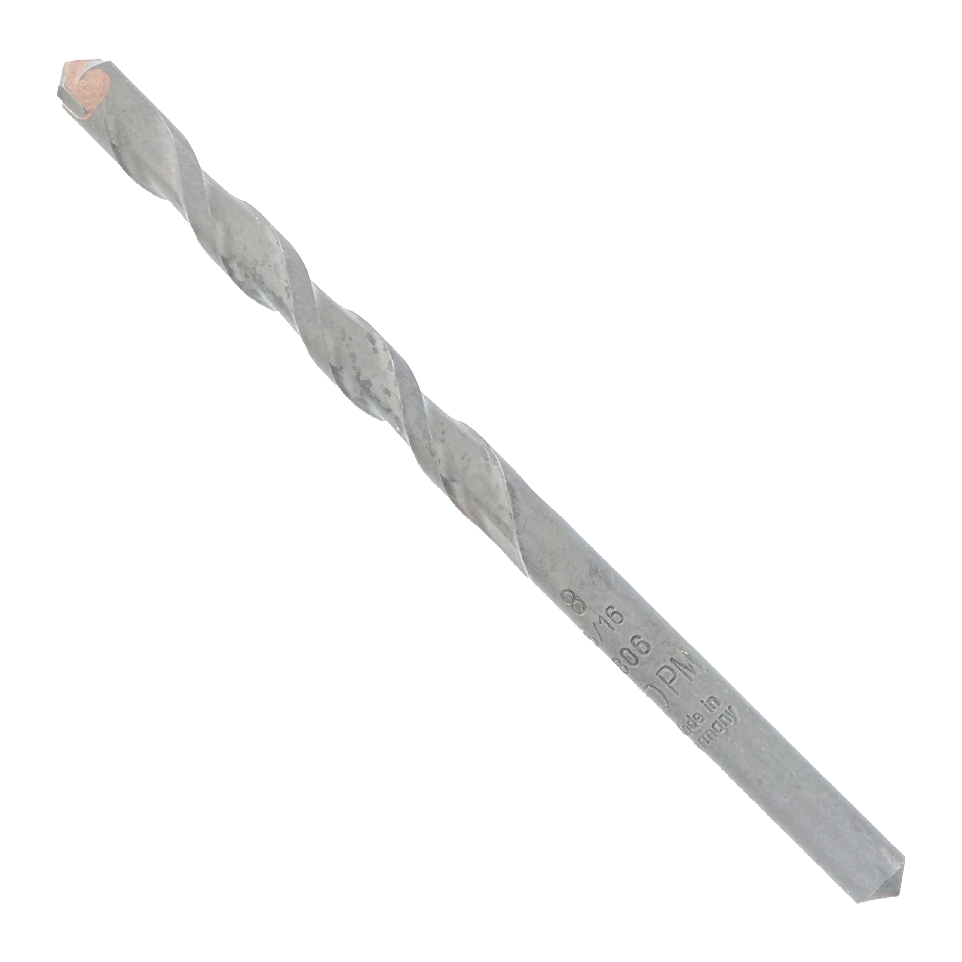 Gray metal pilot bit with twisted flute design and copper-colored tip on square shaft.