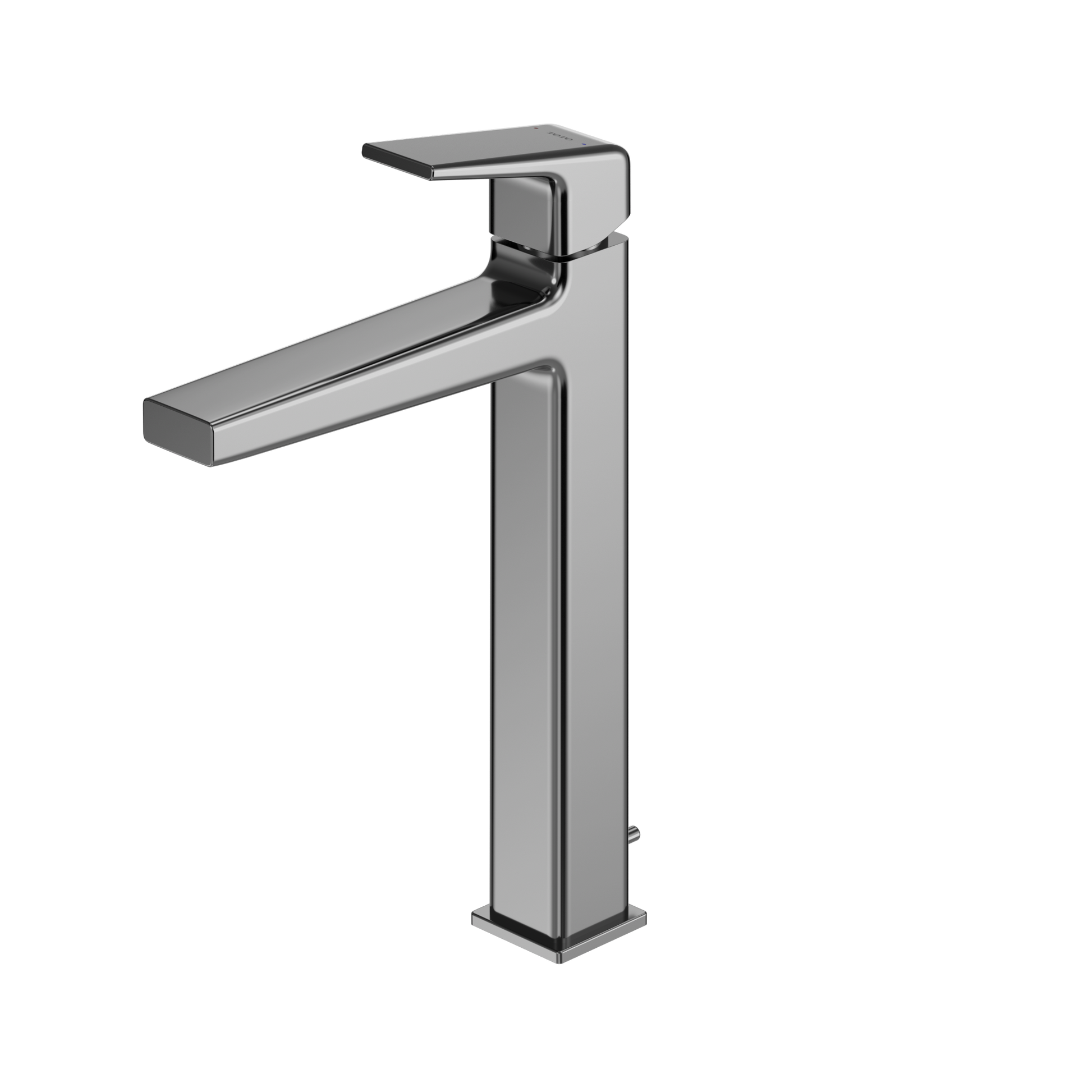 Polished chrome single-handle vessel faucet with tall squared spout and rectangular base.