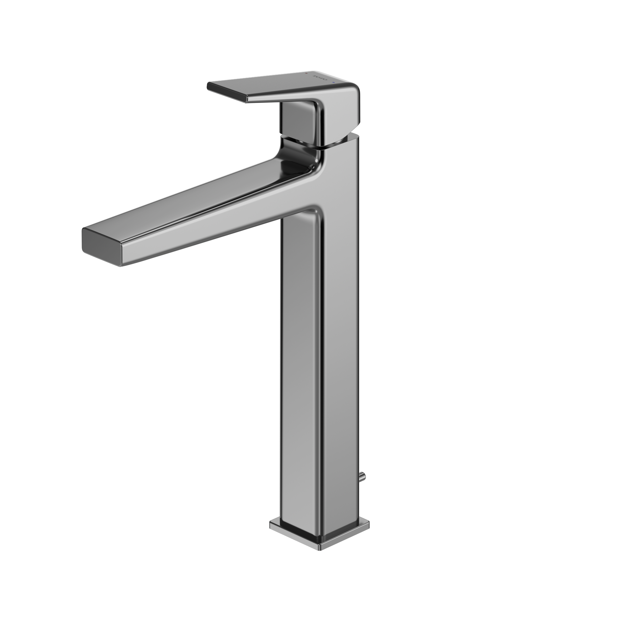 Polished chrome single-handle vessel faucet with tall squared spout and rectangular base.
