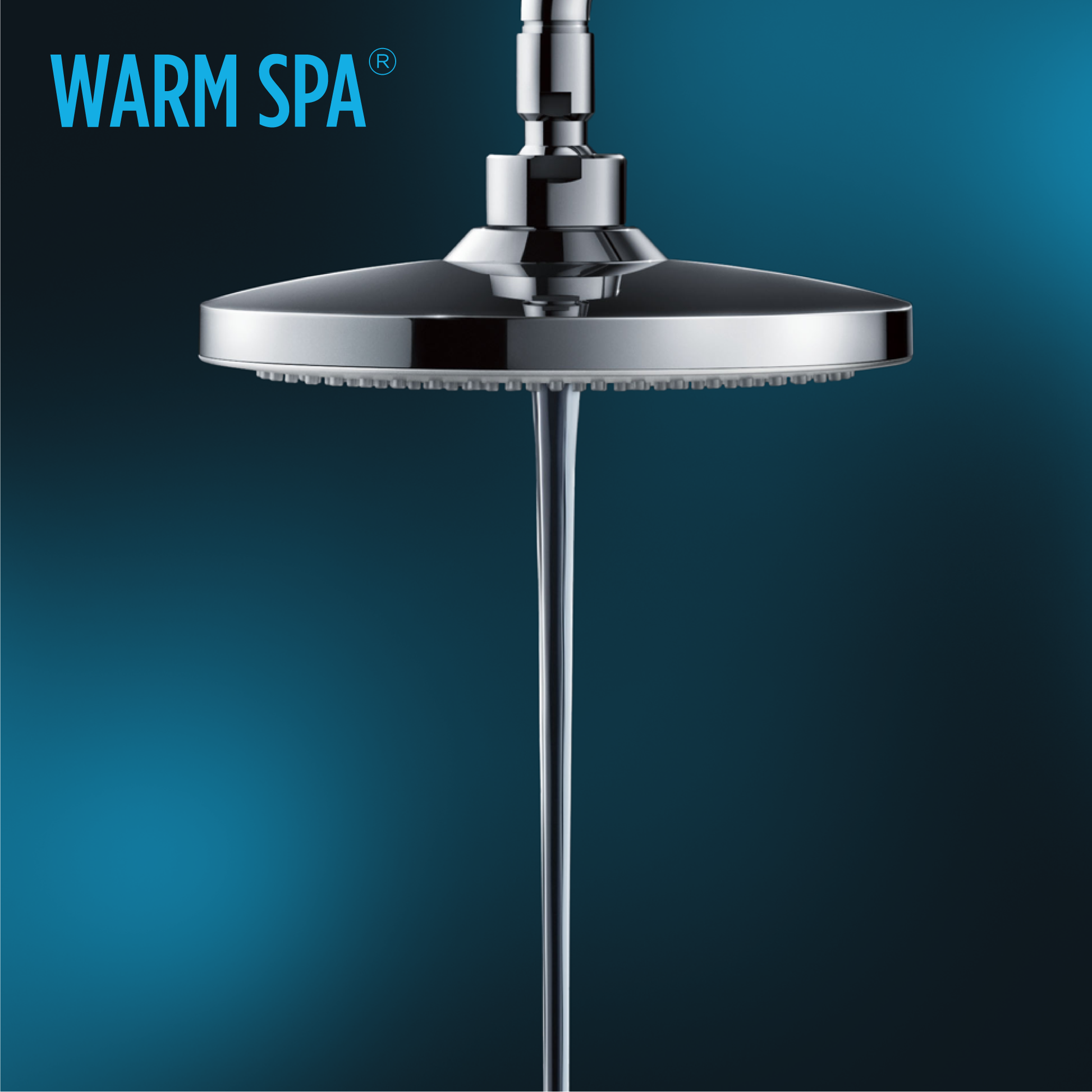 Polished chrome round shower head with overhead arm and perforated face spray holes.