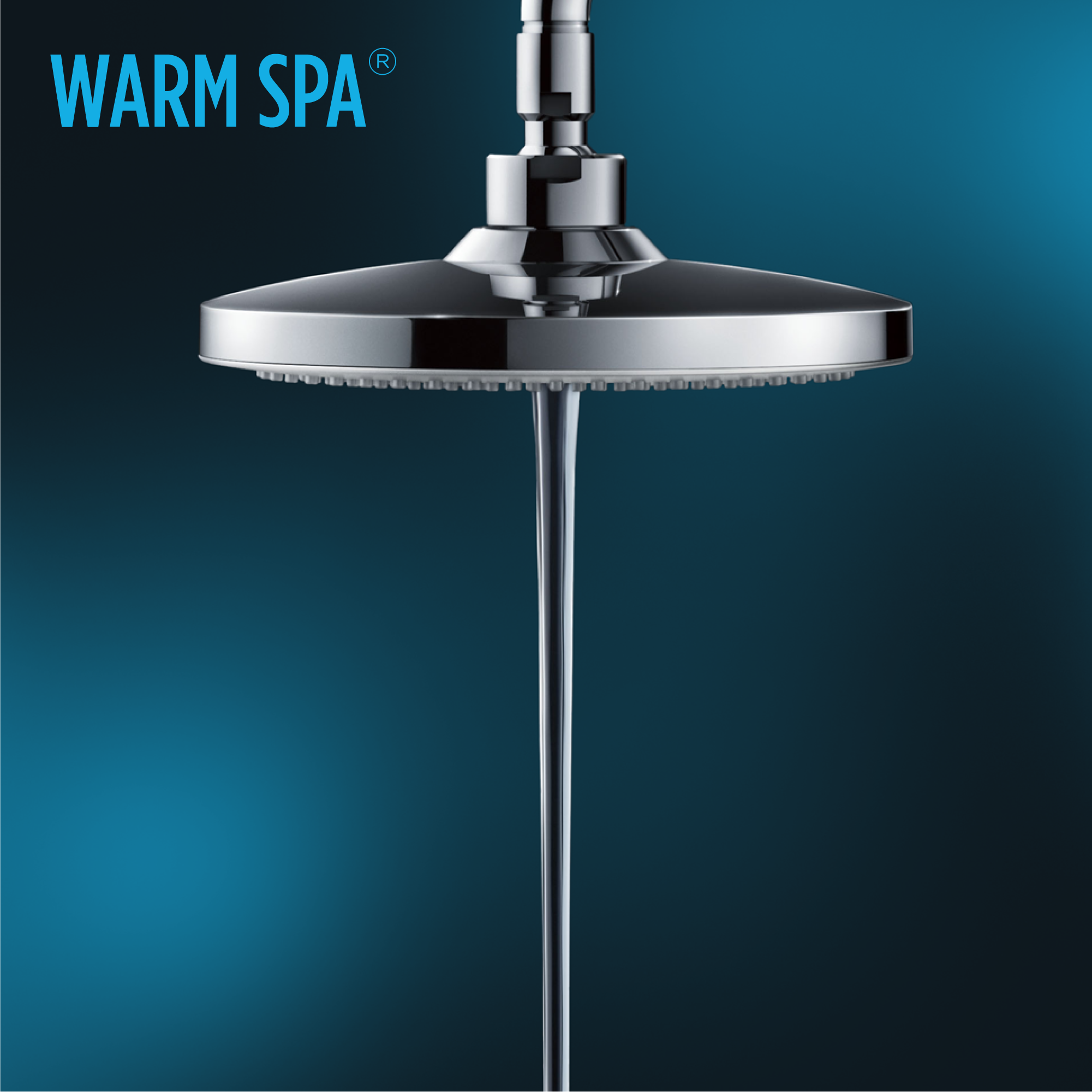Polished chrome round shower head with overhead arm and perforated face spray holes.