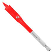 Red and silver spade drill bit with flat paddle head and hexagonal shank.