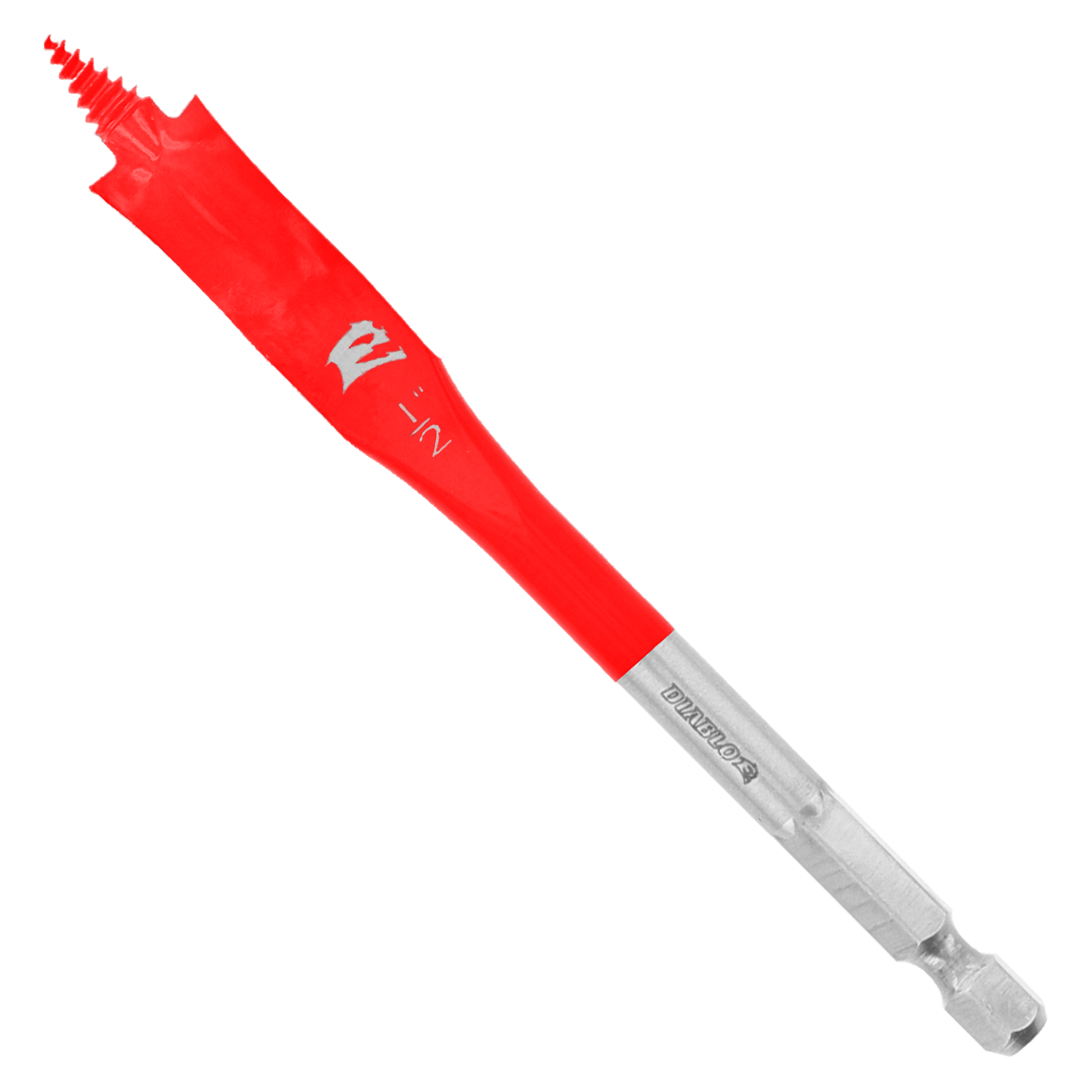 Red and silver spade drill bit with flat paddle head and hexagonal shank.