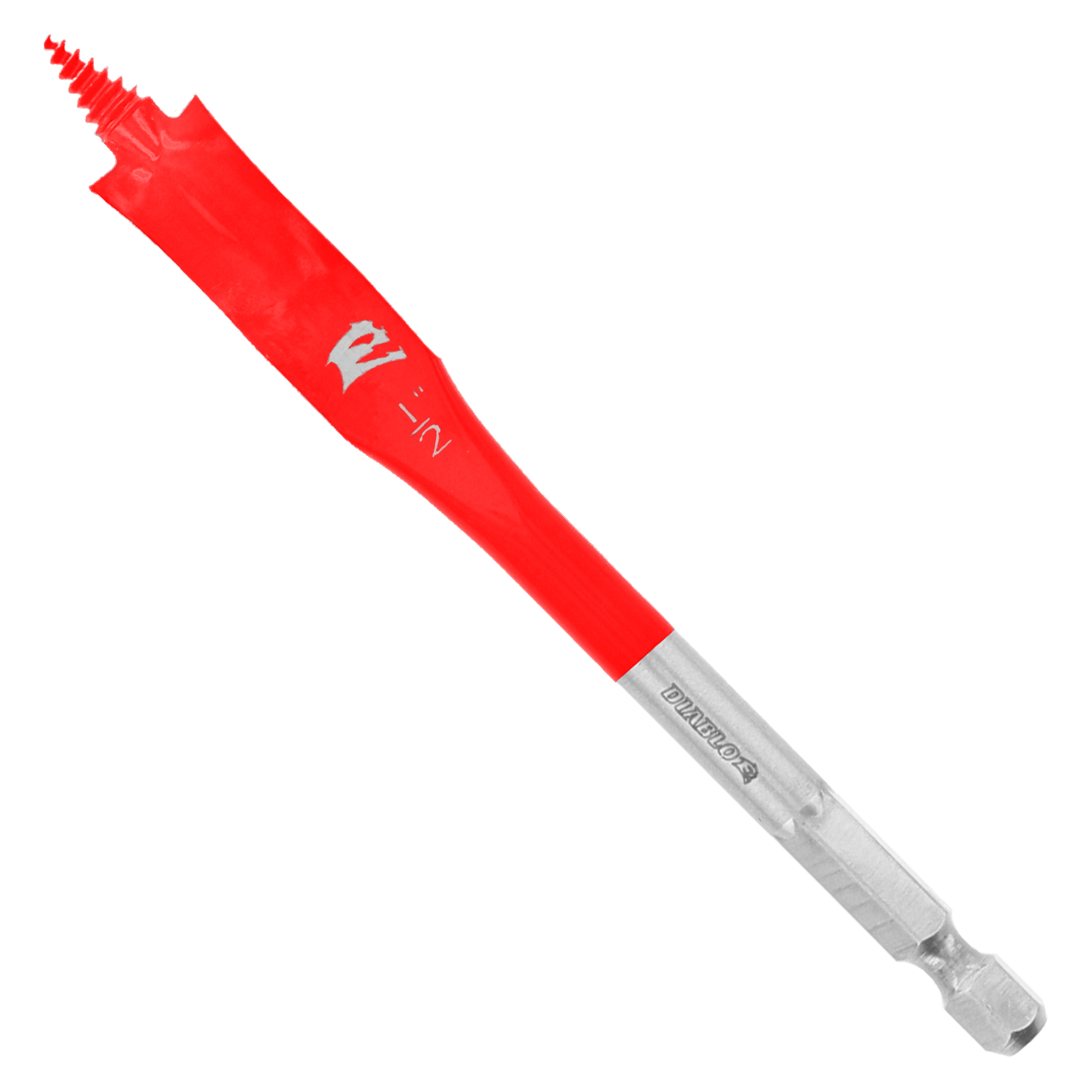 Red and silver spade drill bit with flat paddle head and hexagonal shank.