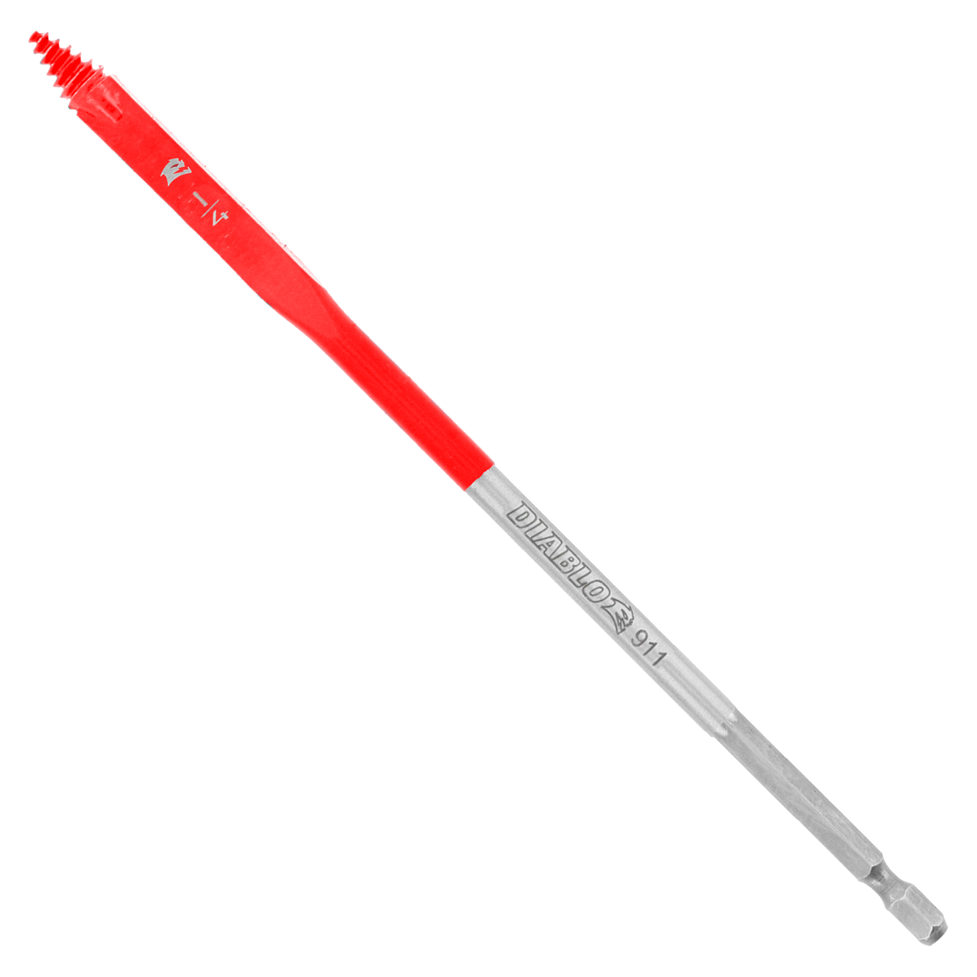 Red and silver spade bit with flat blade tip and hexagonal shank, labeled with Diablo branding.