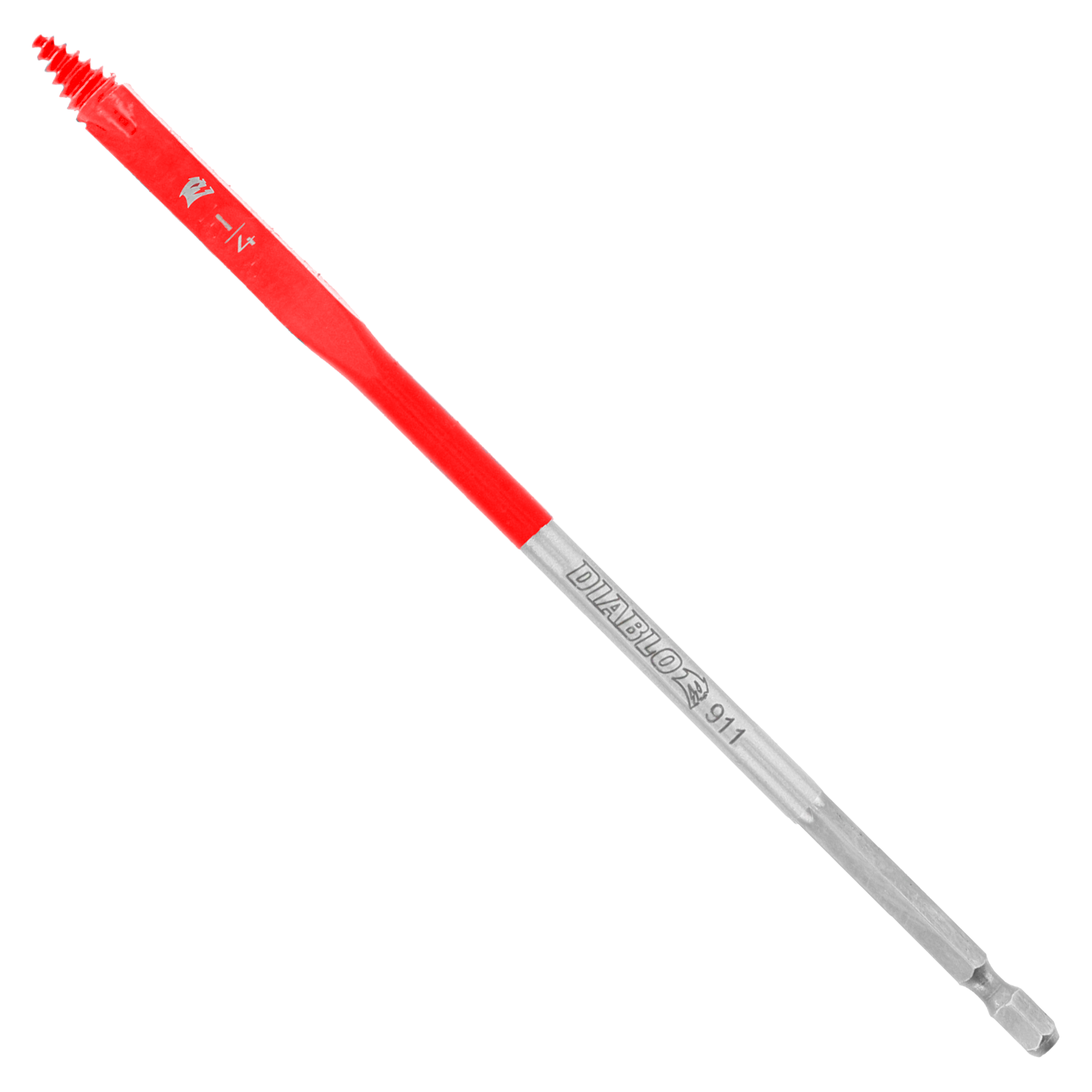 Red and silver spade bit with flat blade tip and hexagonal shank, labeled with Diablo branding.
