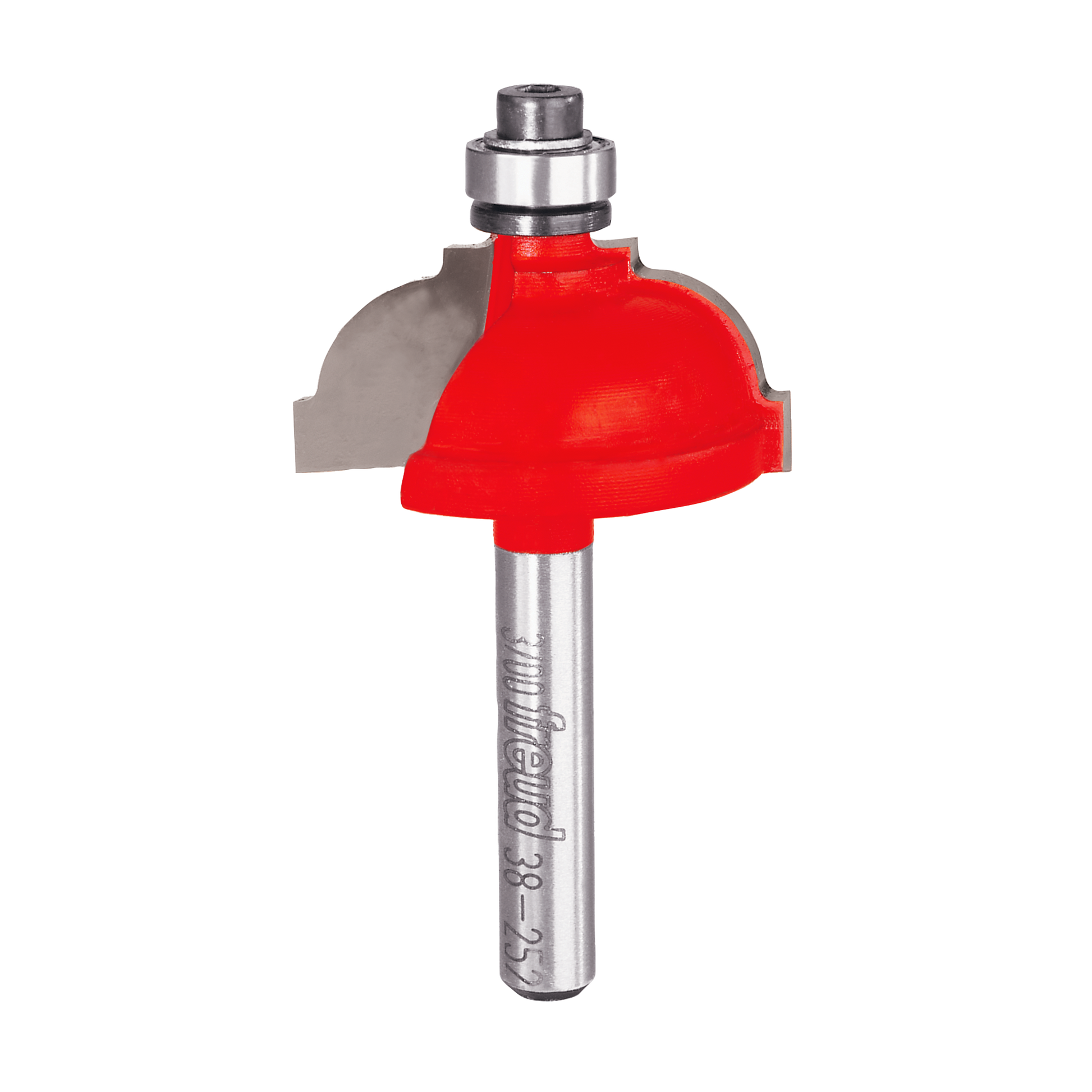 Red classical cove router bit with metal shank and bearing, 5/16" radius cutting head.