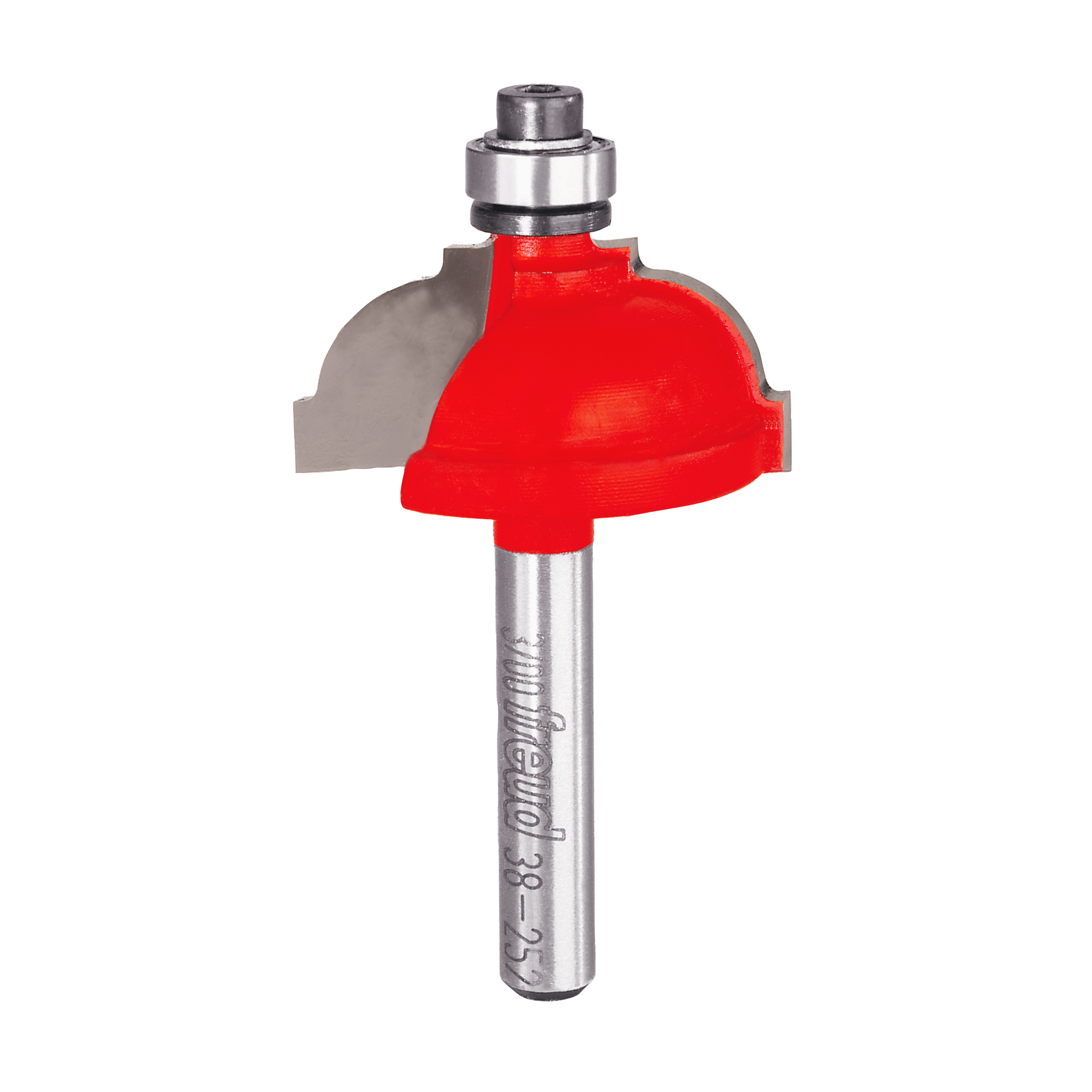 Red classical cove router bit with metal shank and bearing, 5/16" radius cutting head.