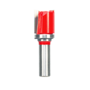 Red and silver router bit with top bearing and straight cutting edges on metallic shaft.