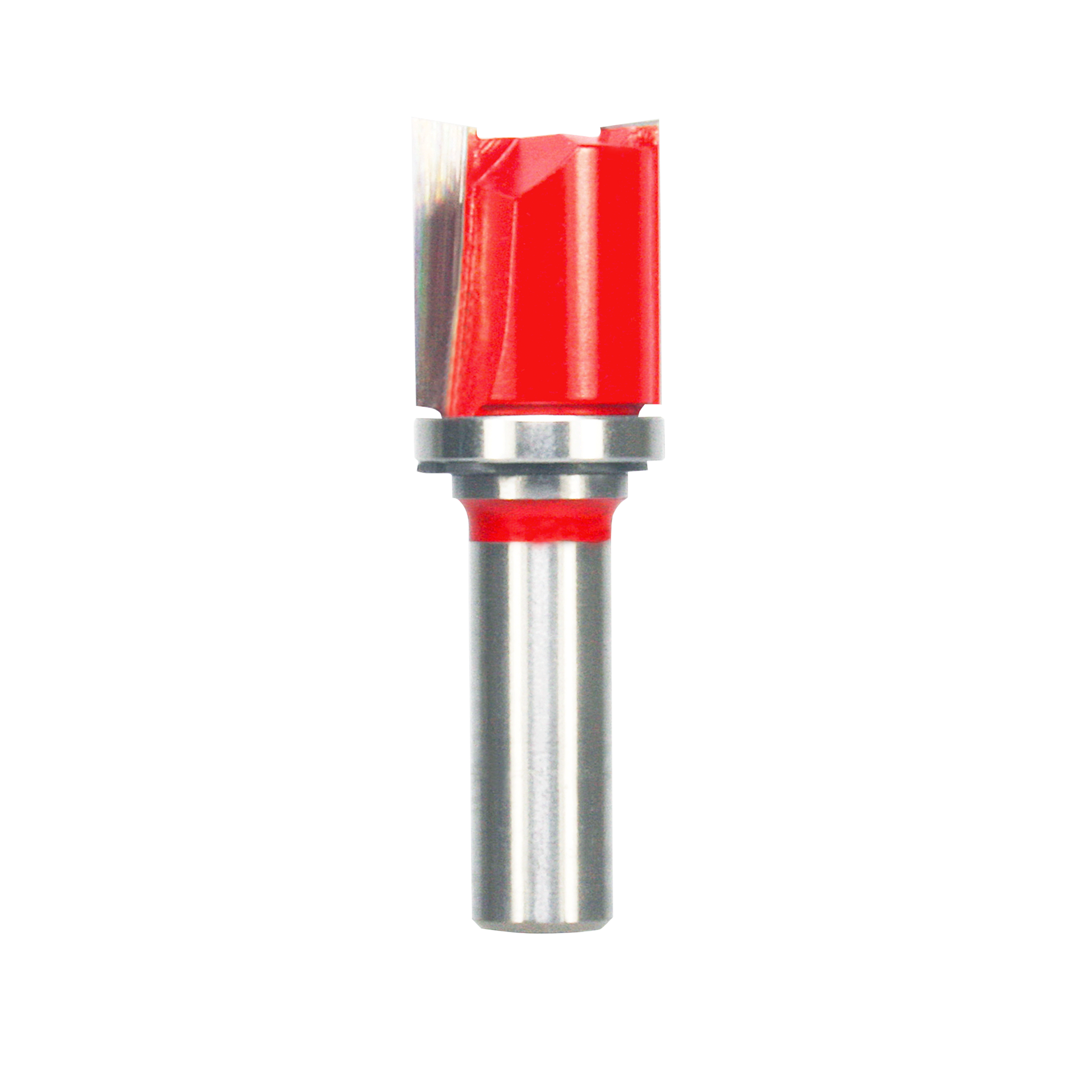 Red and silver router bit with top bearing and straight cutting edges on metallic shaft.