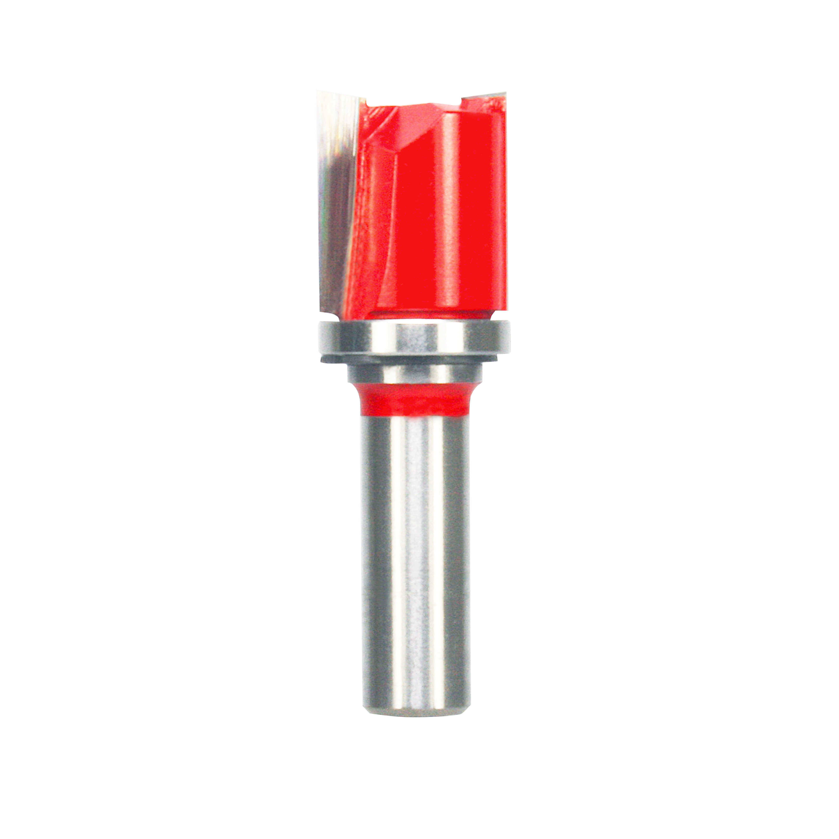 Red and silver router bit with top bearing and straight cutting edges on metallic shaft.