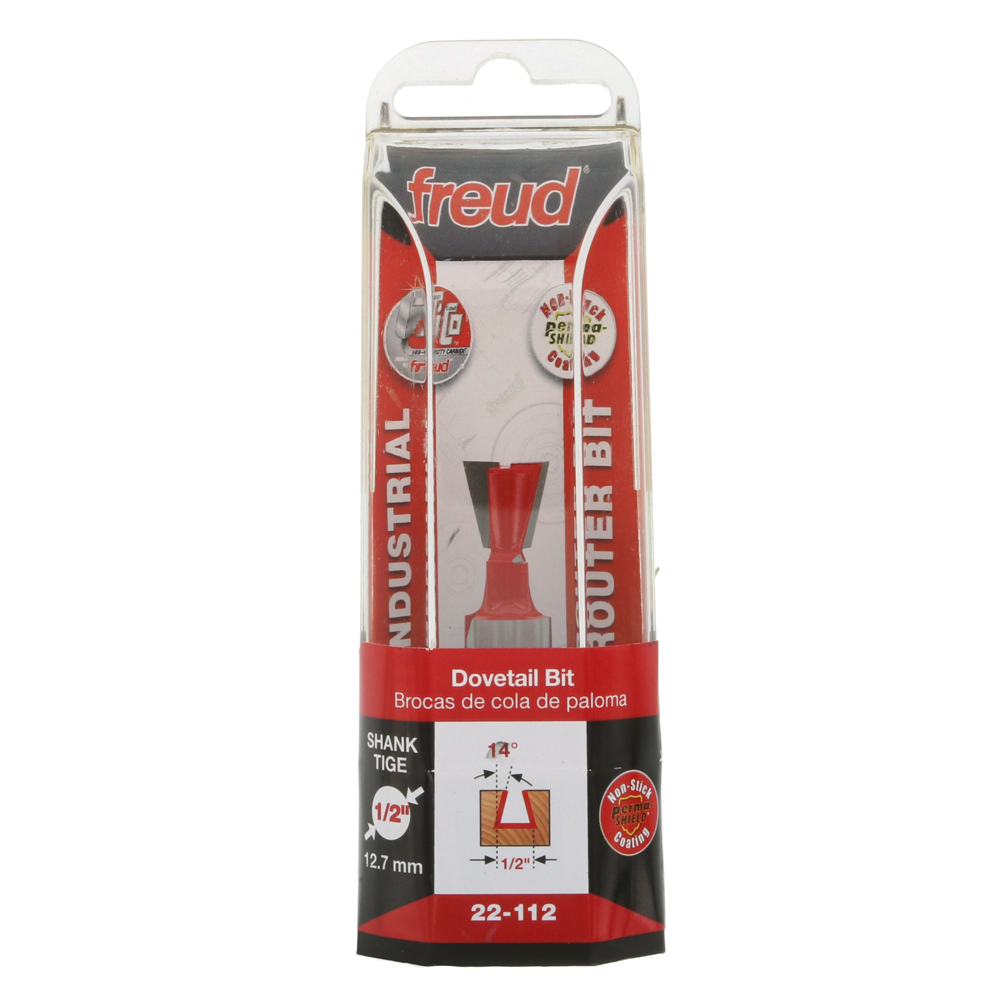 Freud 22-112 dovetail bit with red cutting head and 1/2" shank in clear plastic packaging.