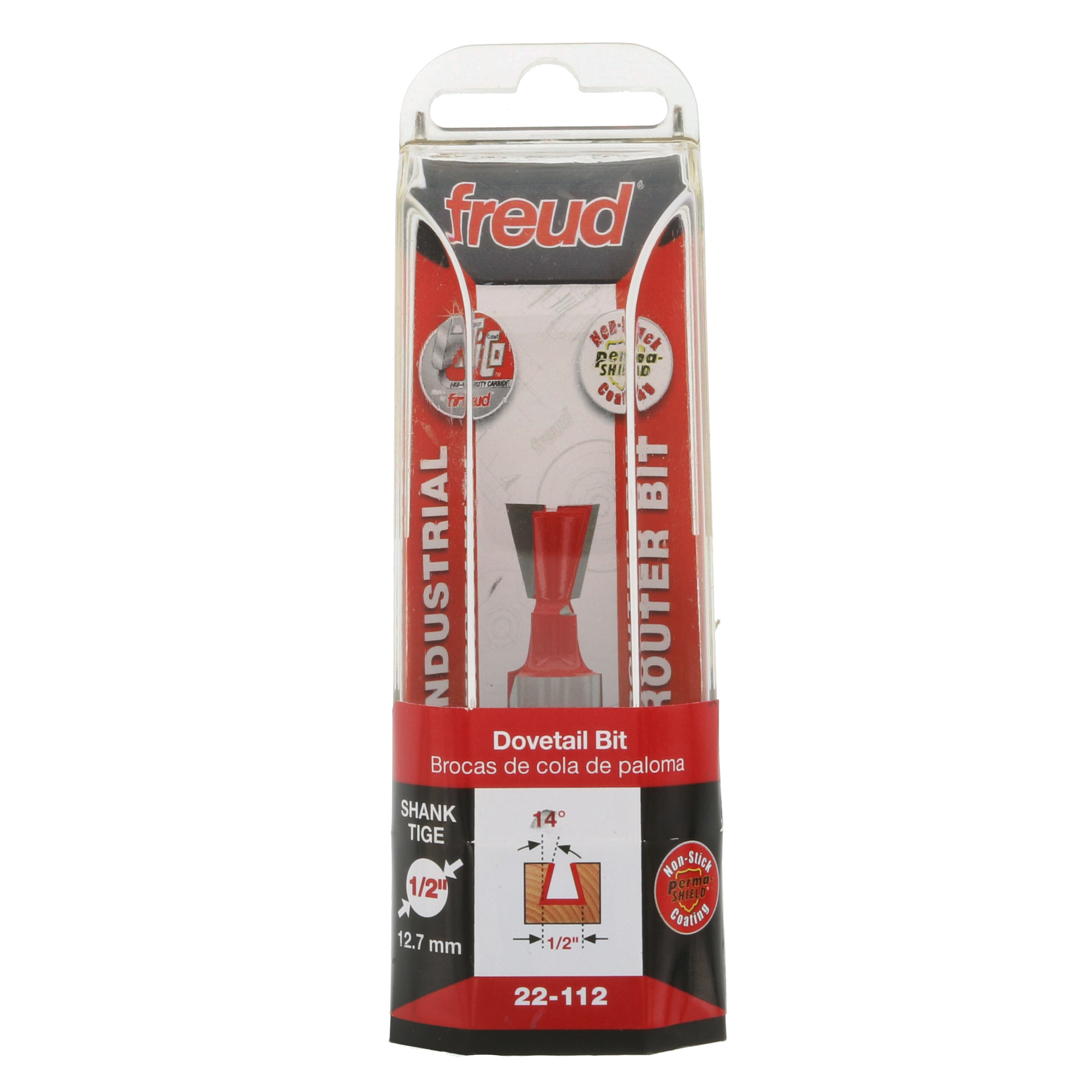 Freud 22-112 dovetail bit with red cutting head and 1/2" shank in clear plastic packaging.