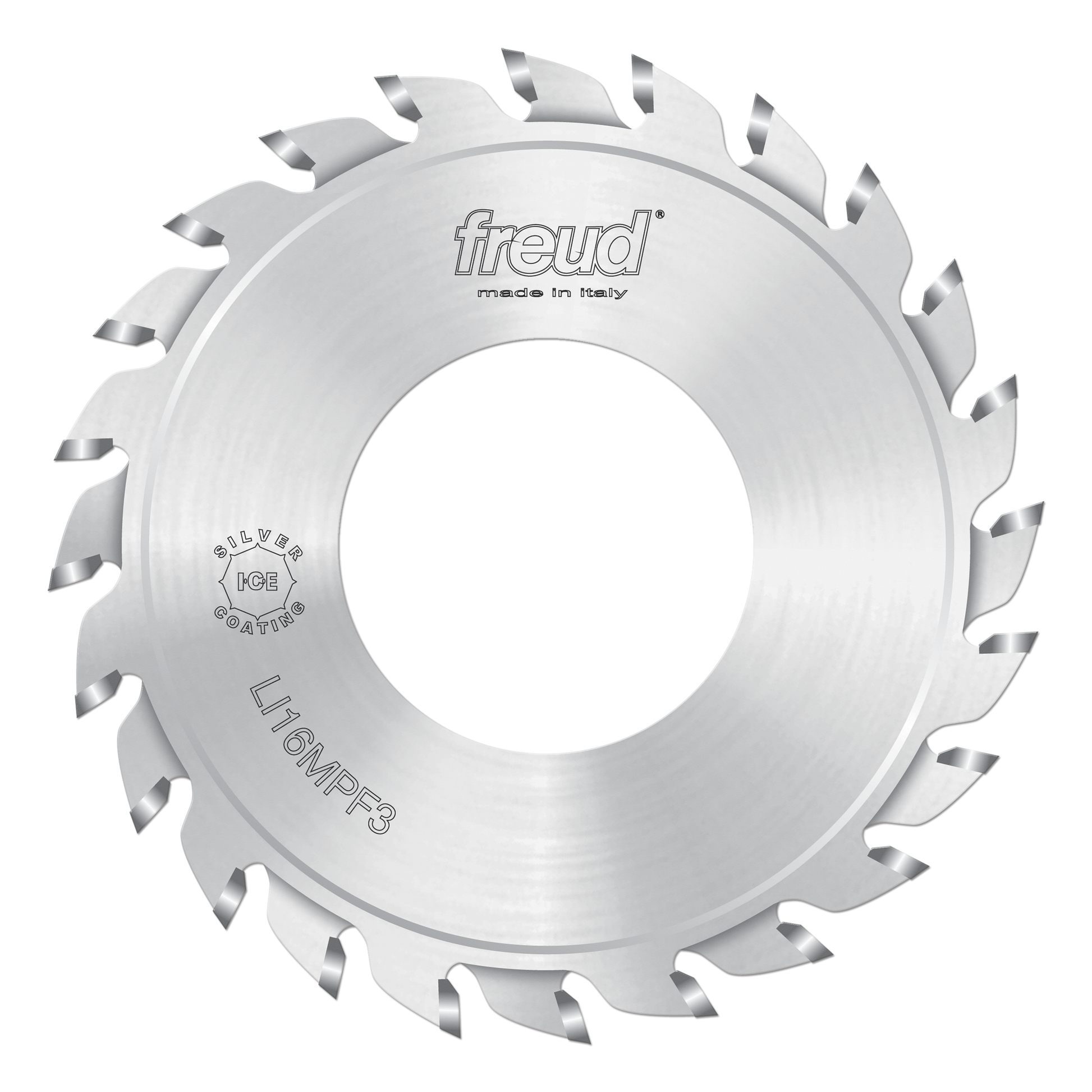 Silver Freud split scoring saw blade, 120mm diameter, with multiple angled teeth around the perimeter.