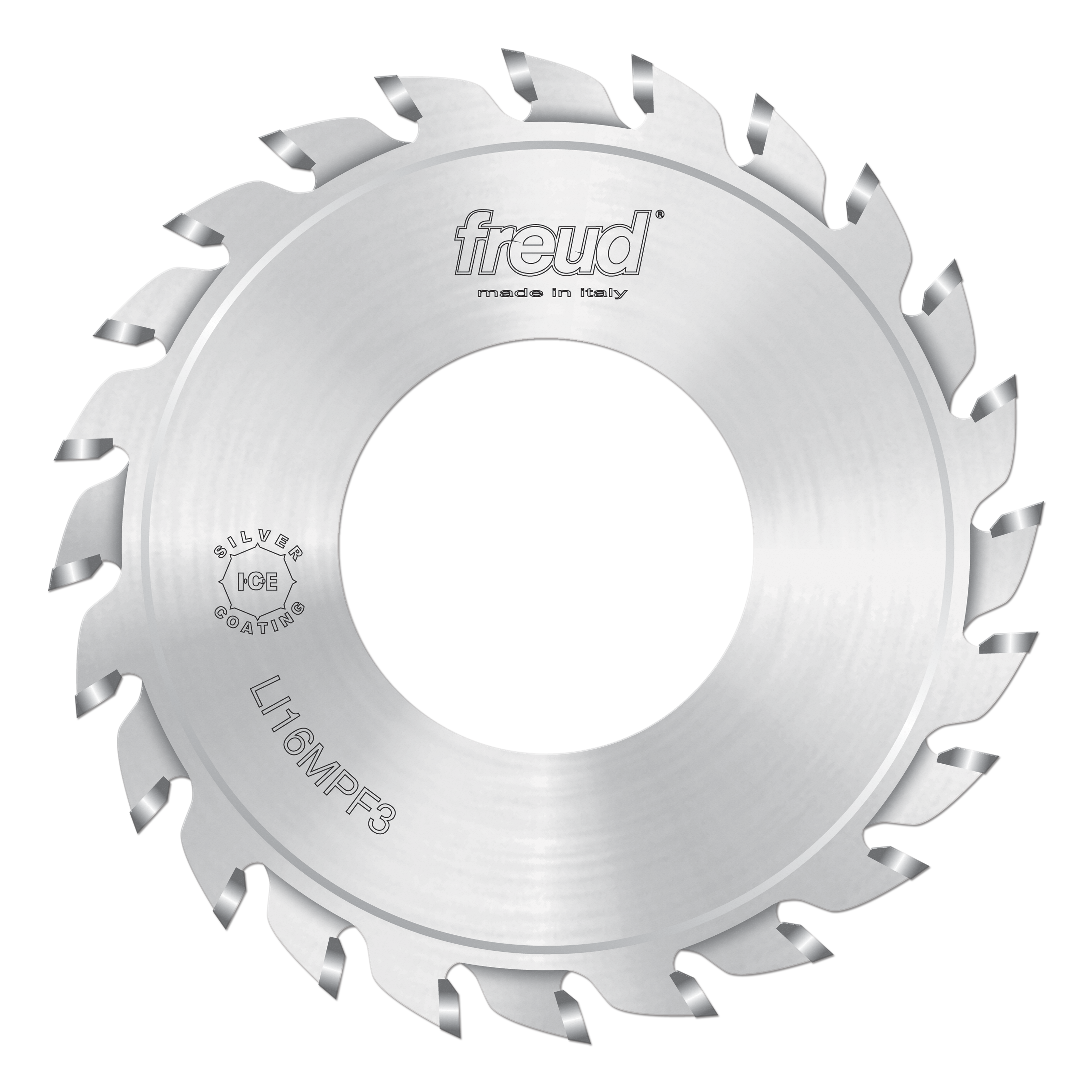 Silver Freud split scoring saw blade, 120mm diameter, with multiple angled teeth around the perimeter.