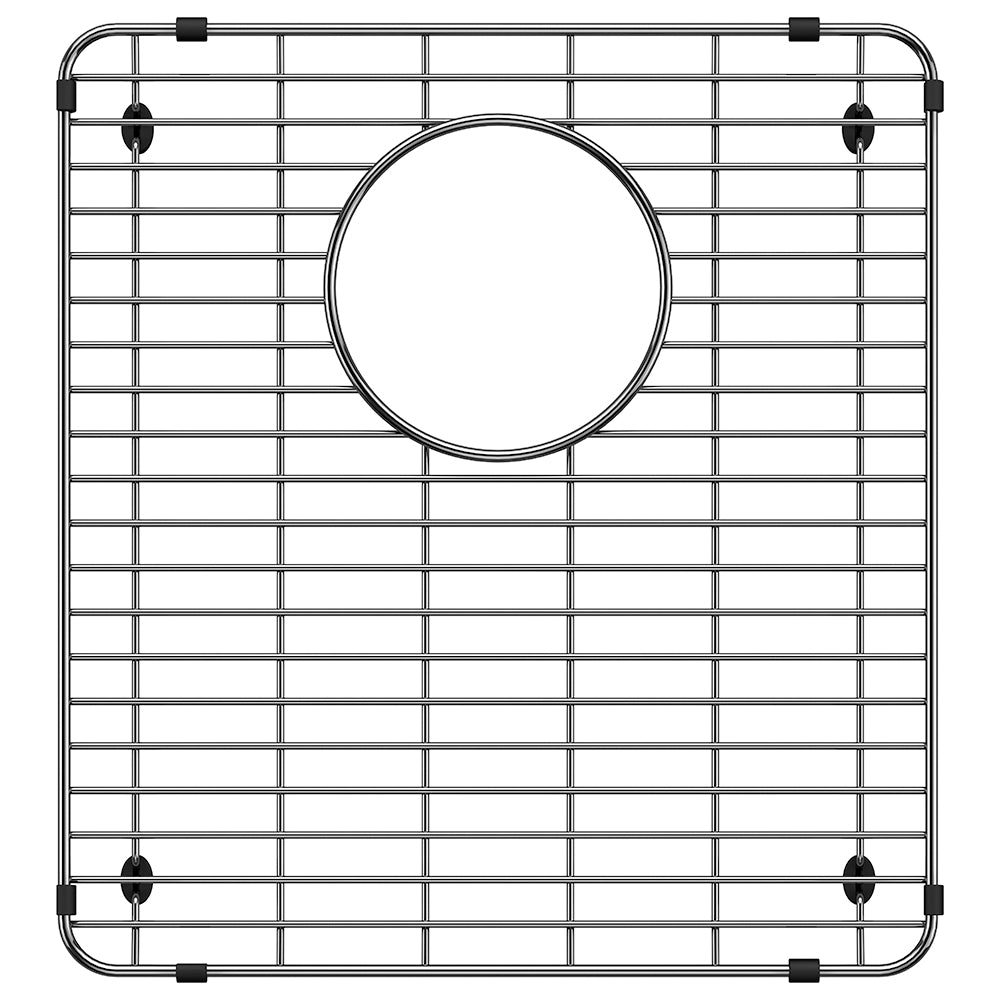 Stainless steel sink grid with rectangular grid pattern, circular center opening, and black rubber corner feet.