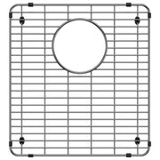 Stainless steel sink grid with rectangular grid pattern, circular center opening, and black rubber corner feet.